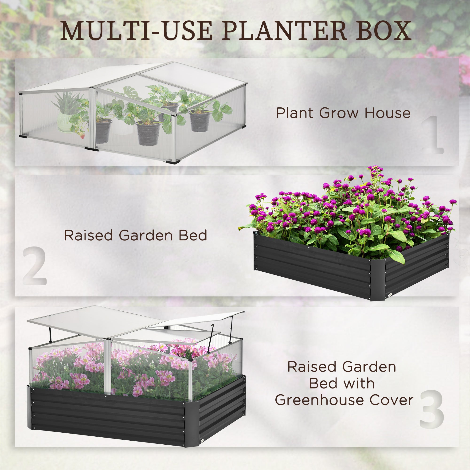 Outsunny Outsuuny Galvanised Raised Garden Bed, Outdoor Planter Box with Greenhouse and Cover for Vegetables, Flowers, Dark Grey - North Peak Garden Furniture