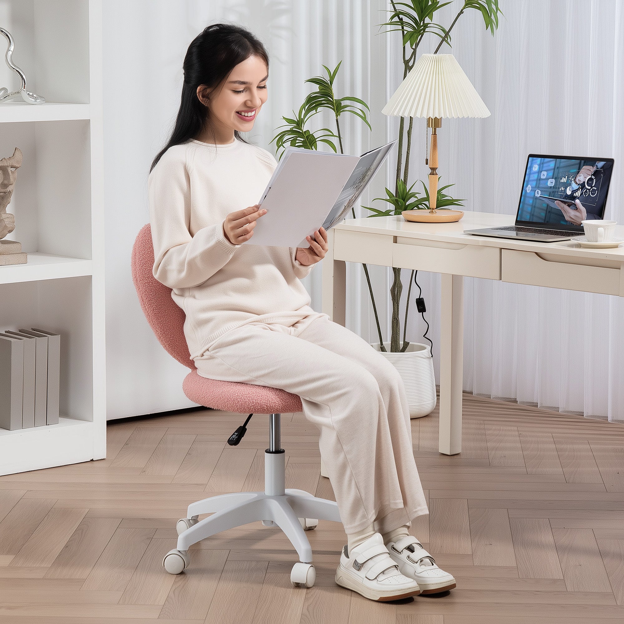 HOMCOM Armless Heart Computer Desk Chair, Teddy Fleece Swivel Office Chair, Makeup Vanity Chair with Height Adjustable, Wheels, for Home Study Bedroom, Pink - North Peak Garden Furniture