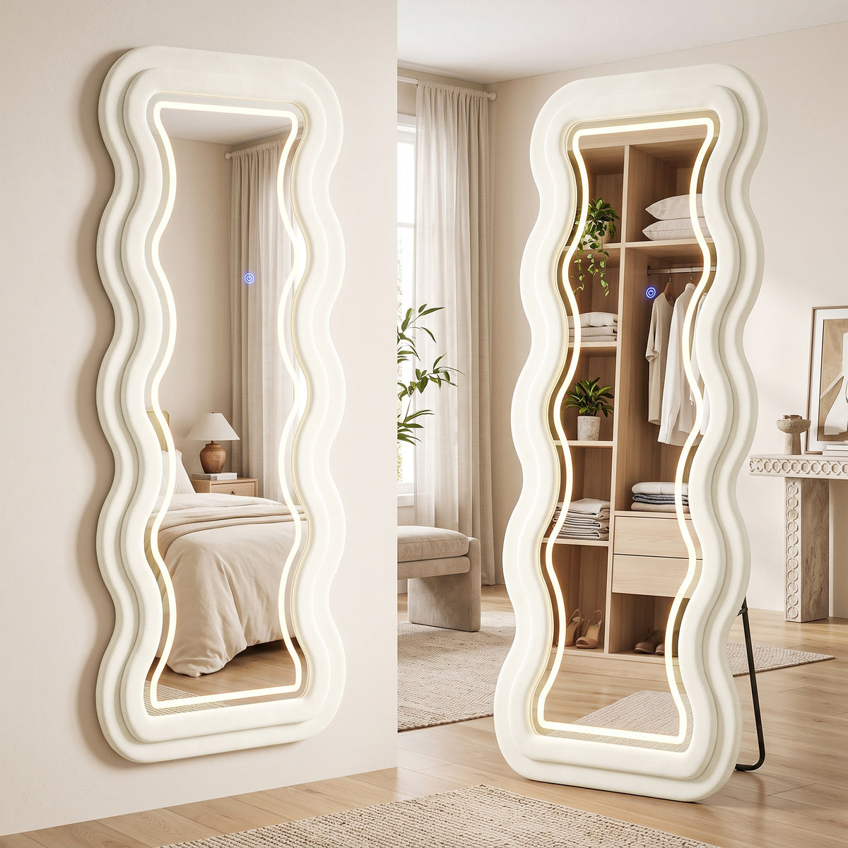 HOMCOM Full Length Mirror, 160 x 60 cm Wavy Full Body Wall Standing Mirror with Velvet Frame and LED Light Strip, Cream White