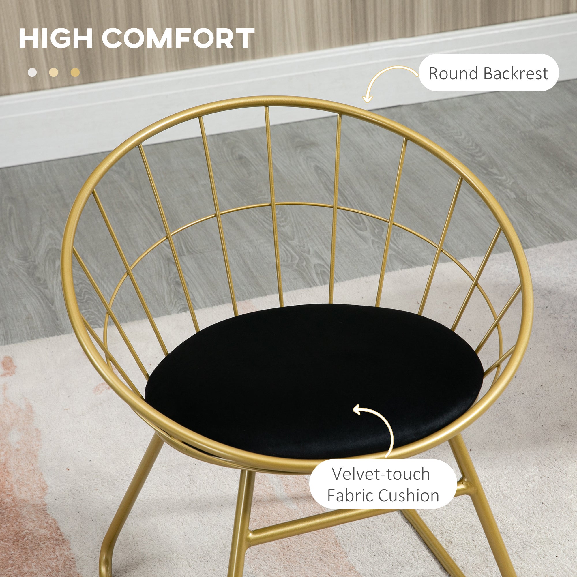 HOMCOM Modern Dining Chairs Set of 2, Metal Wire Kitchen Chair with Velvet-feel Cushion, Round Back and Steel Frame for Living Room, Bedroom, Gold - North Peak Garden Furniture
