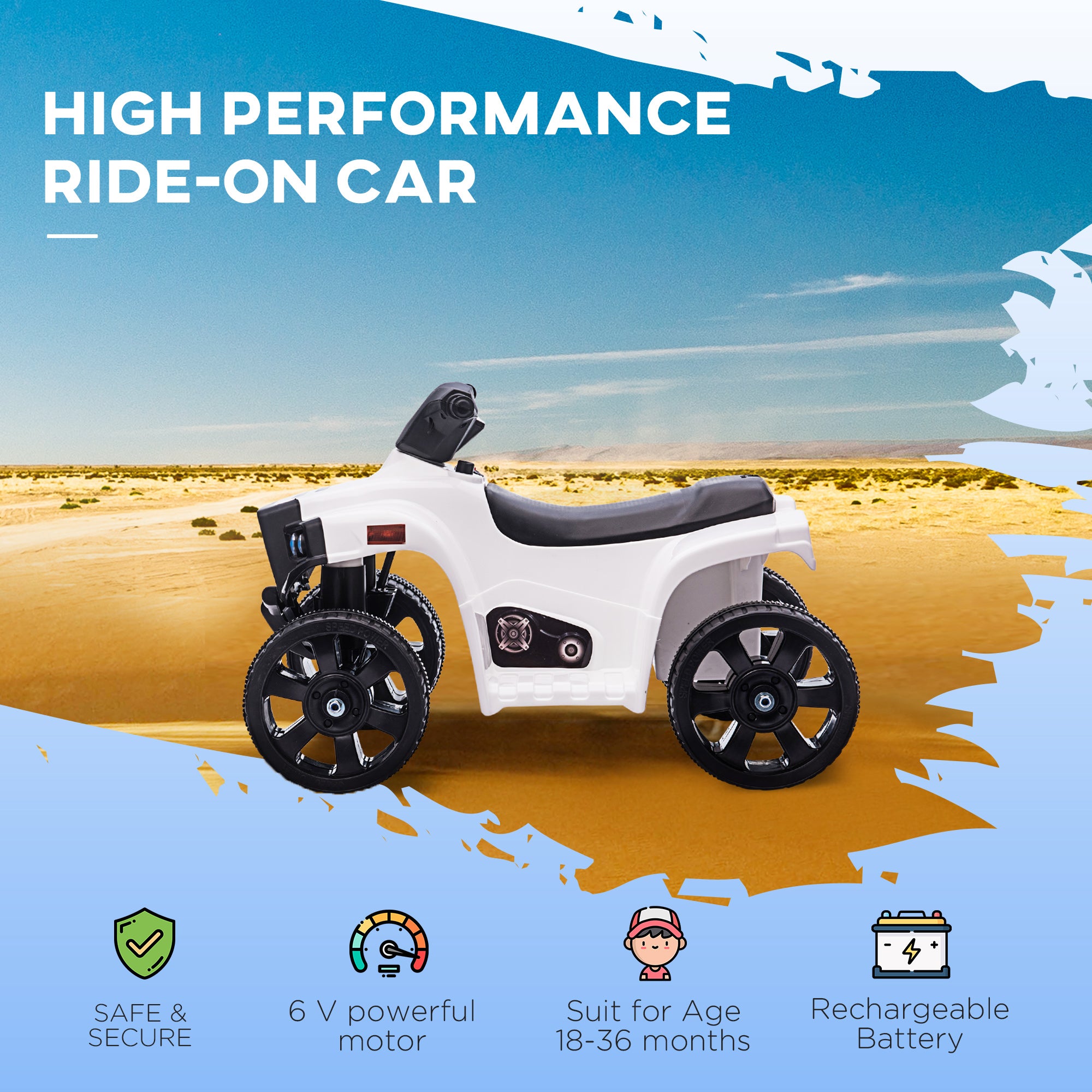 HOMCOM 6V Kids Electric Ride on Car, All Terrain Vehicle Toy, Quad Bike With Headlights, Horn, for Toddlers 18-36 Months White - North Peak Garden Furniture