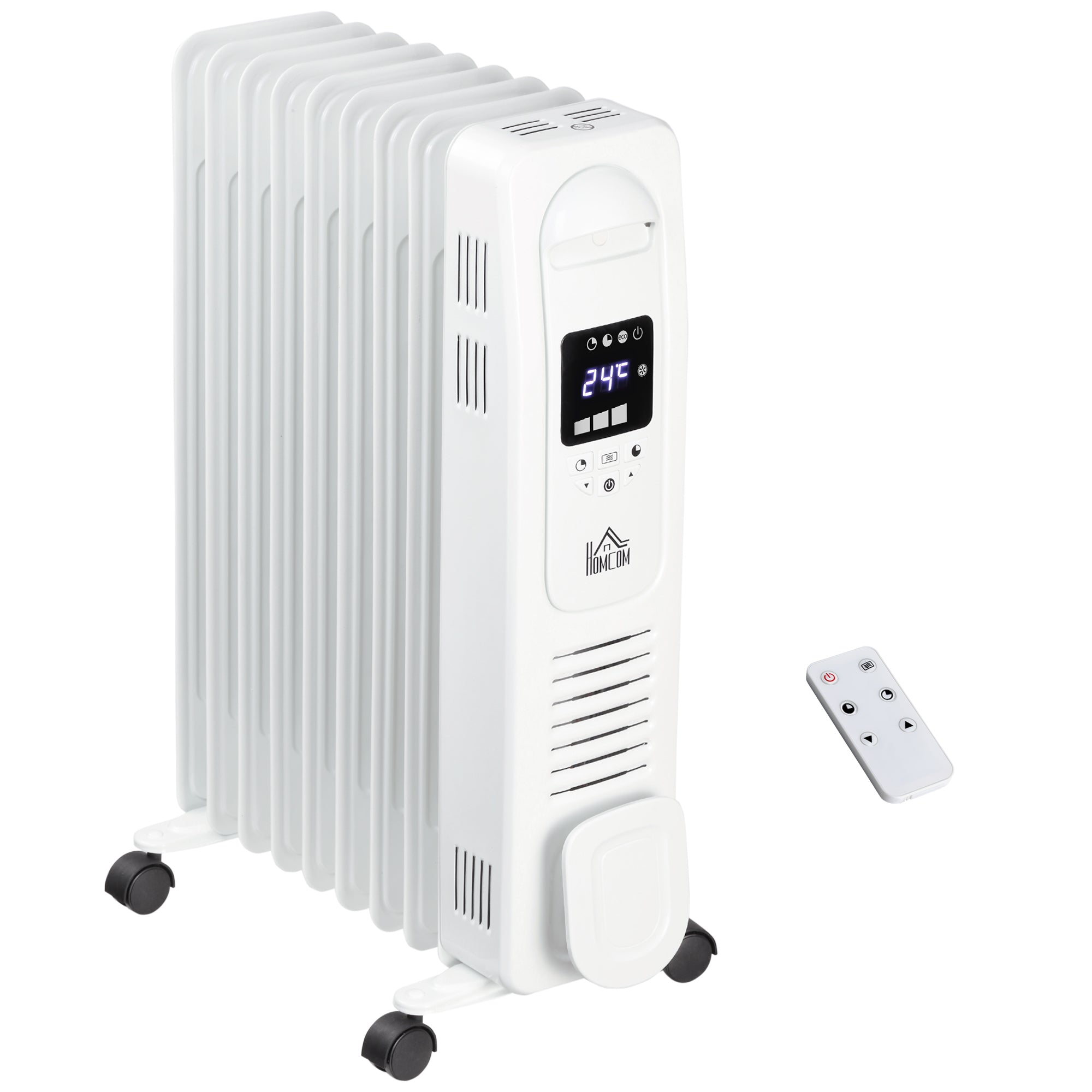 HOMCOM 2000W Digital Oil Filled Radiator, 9 Fin, Portable Electric Heater with LED Display, Timer, 3 Heat Settings, Safety Cut-Off and Remote Control, White - North Peak Garden Furniture