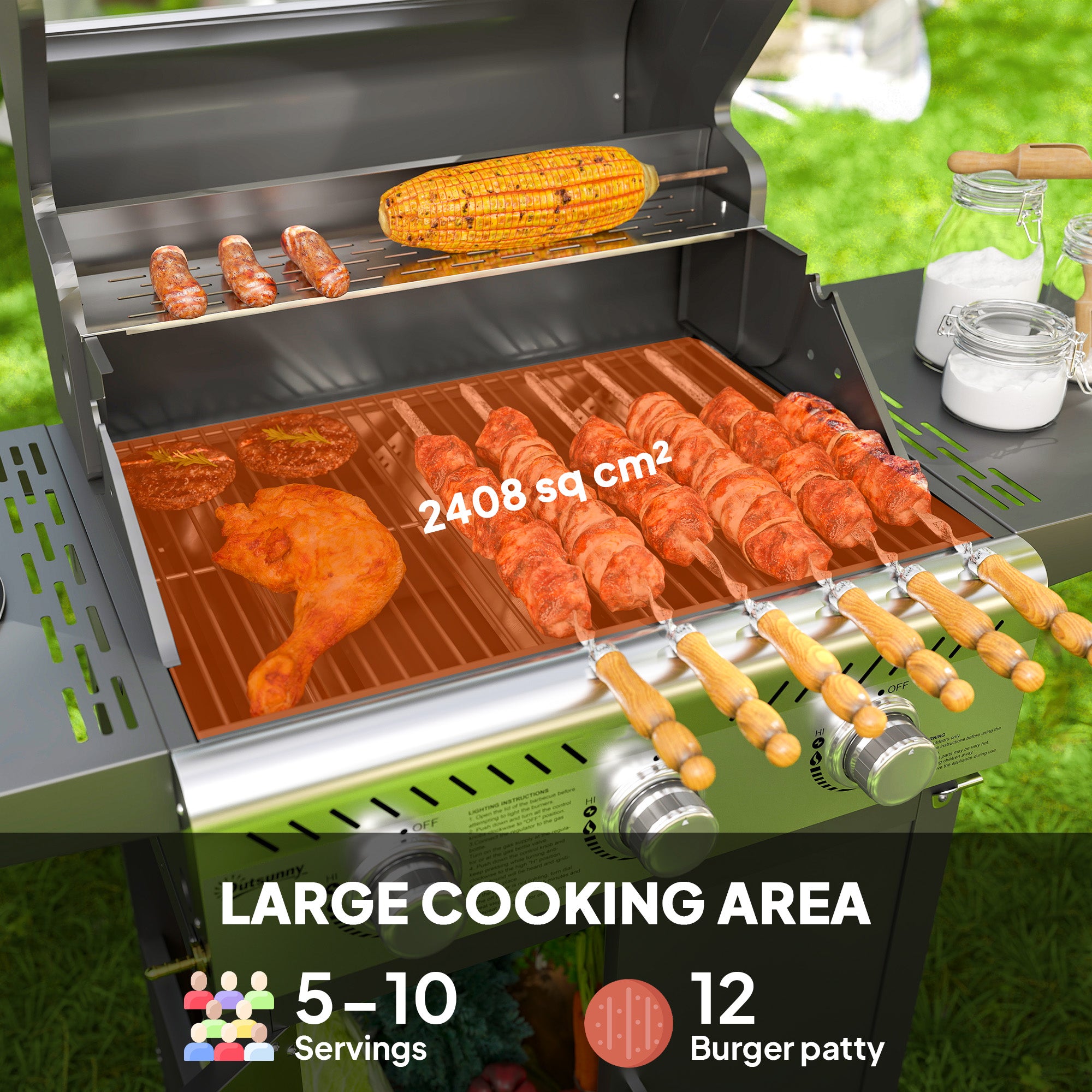 Outsunny 7.5kW Three-Burner Gas BBQ Grill, with See-Through Lid - Black - North Peak Garden Furniture