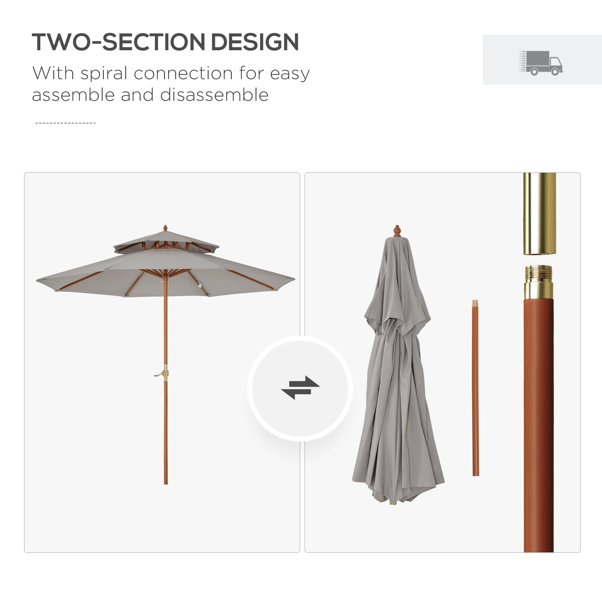 Outsunny 2.7m Elegant Wooden Frame Parasol Umbrella - Grey