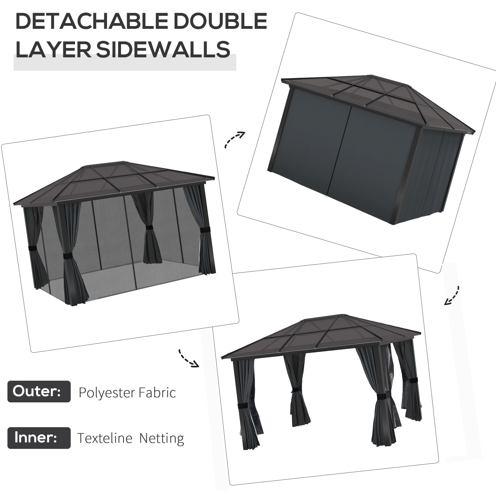 Outsunny 3 x 3.6m Hardtop Gazebo Canopy with Polycarbonate Roof, Aluminium Frame, Permanent Pavilion Garden Gazebo with Netting and Curtains for Patio, Deck, Dark Grey - North Peak Garden Furniture