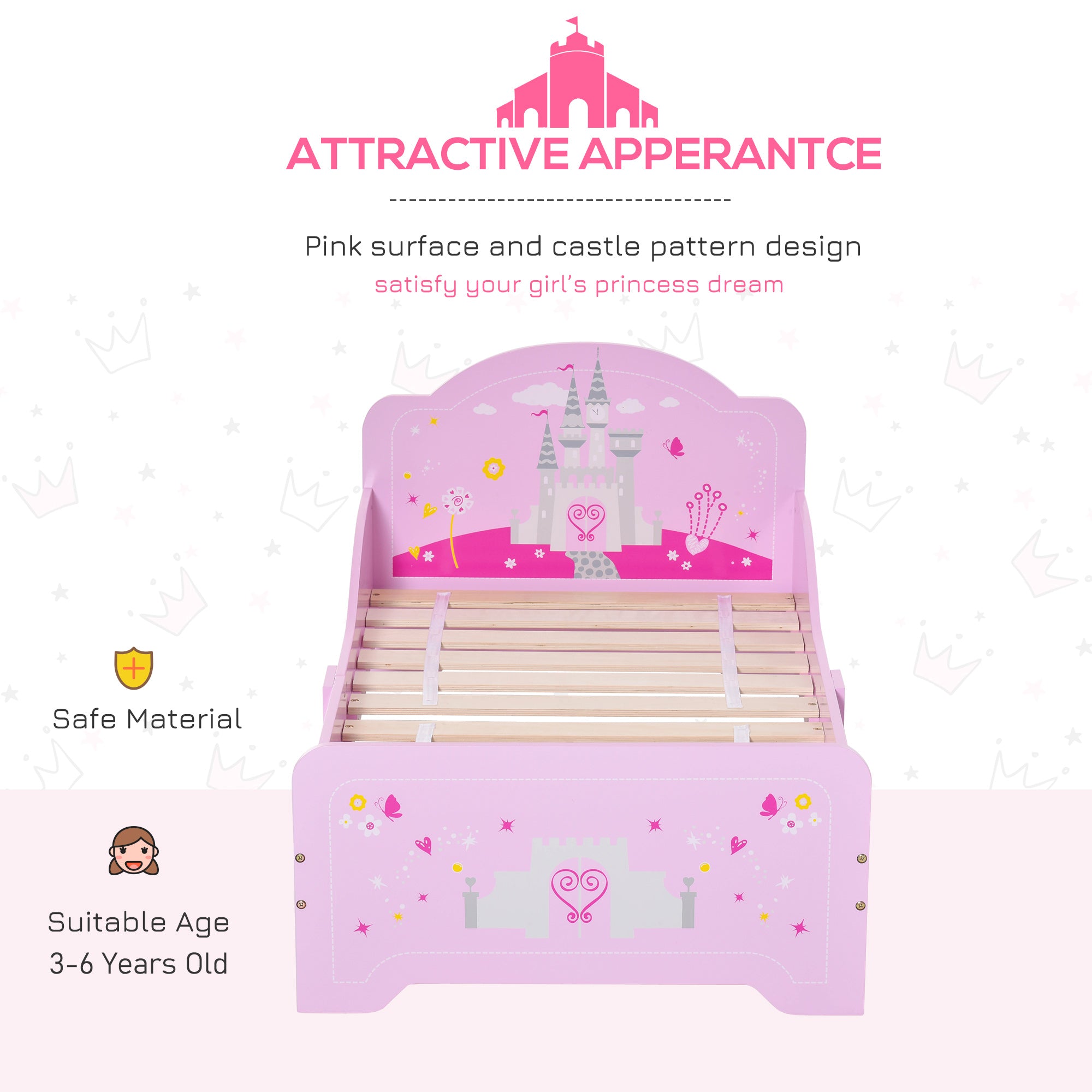 HOMCOM Kids Bed Princess Castle Theme w/ Side Rails Slats Home Furniture for 3 - 6 Yrs Pink 143 x 73 x 60 cm