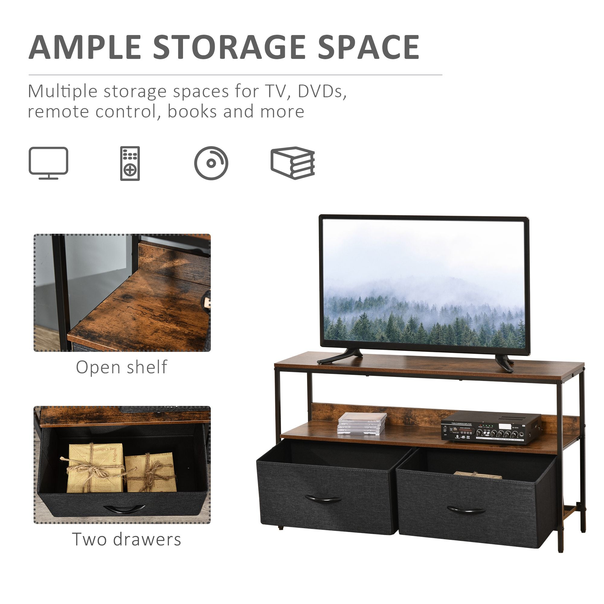 HOMCOM TV Cabinet for 47-inch TVs, TV Console Unit with 2 Foldable Linen Drawers, TV Stand with Shelving for Living Room, Entertainment Room, Rustic Brown - North Peak Garden Furniture