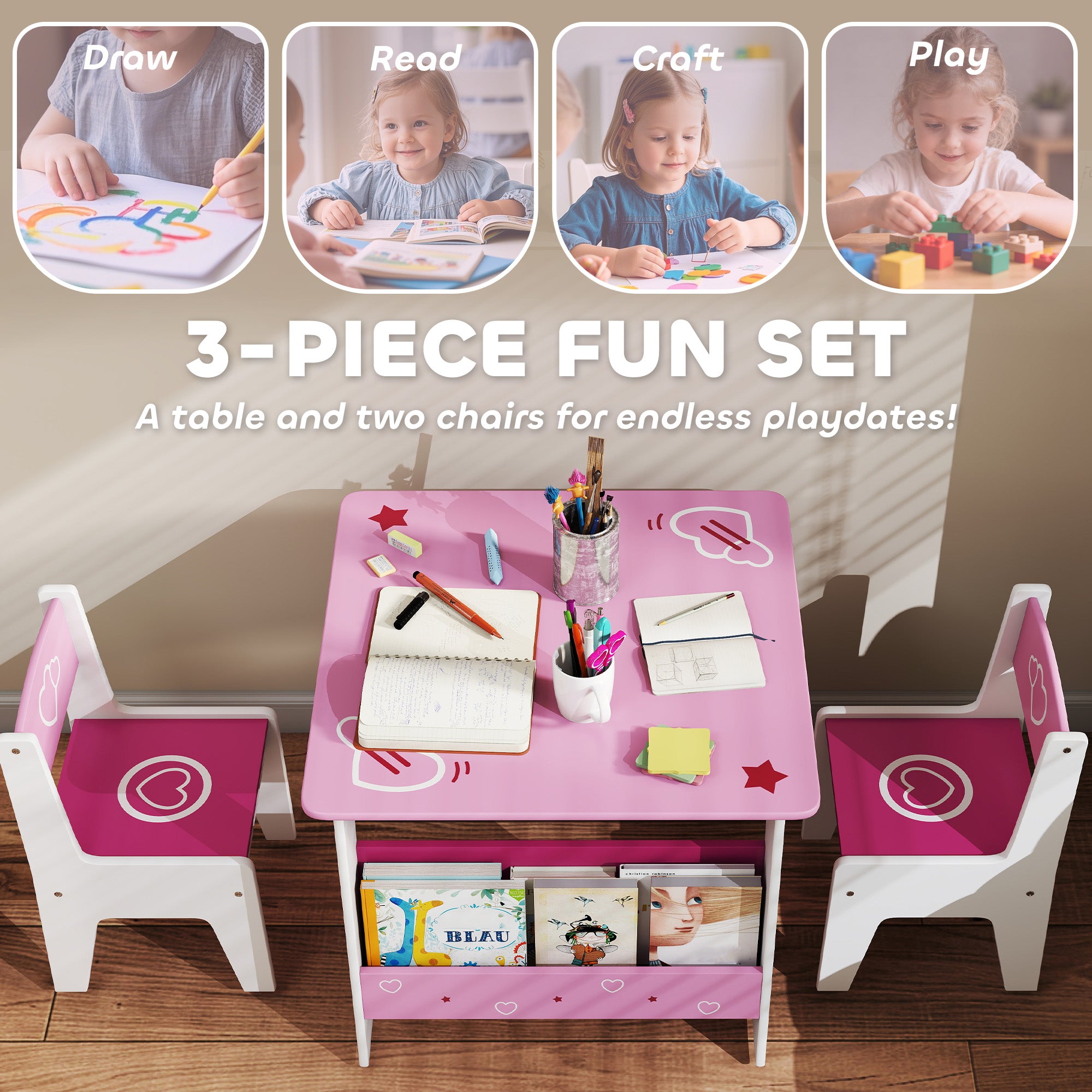 AIYAPLAY 3 Pieces Kids Table and Chair Set, Toddler Activity Table with Bookshelves, for Living Room, Nursery, Playroom, Pink