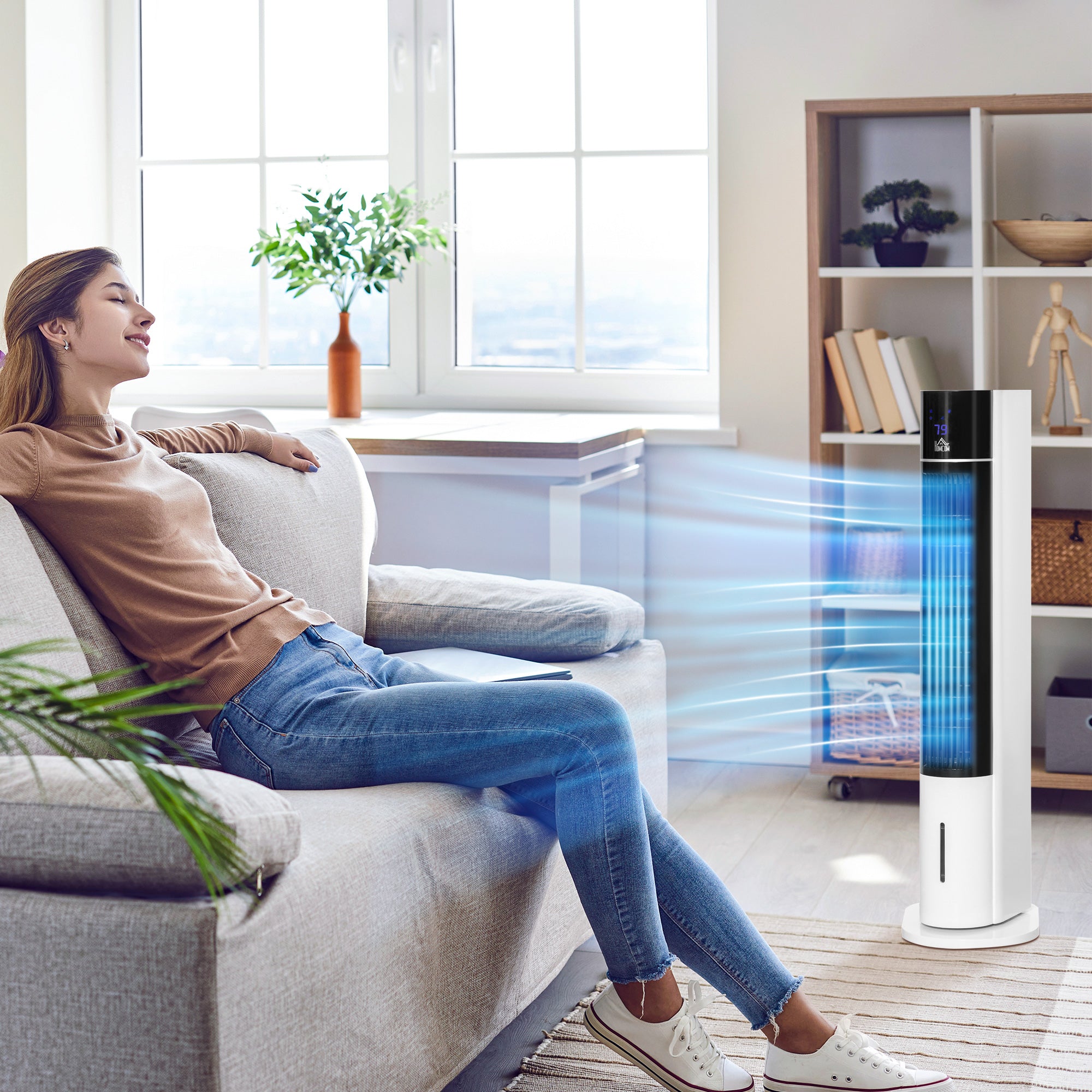 HOMCOM Portable Air Cooler, 3L Tank Evaporative Ice Cooling Tower Fan with 3 Modes, 3 Speeds, Remote, Timer, 60° Oscillating, Portable Swamp Cooler for Home Bedroom, White - North Peak Garden Furniture