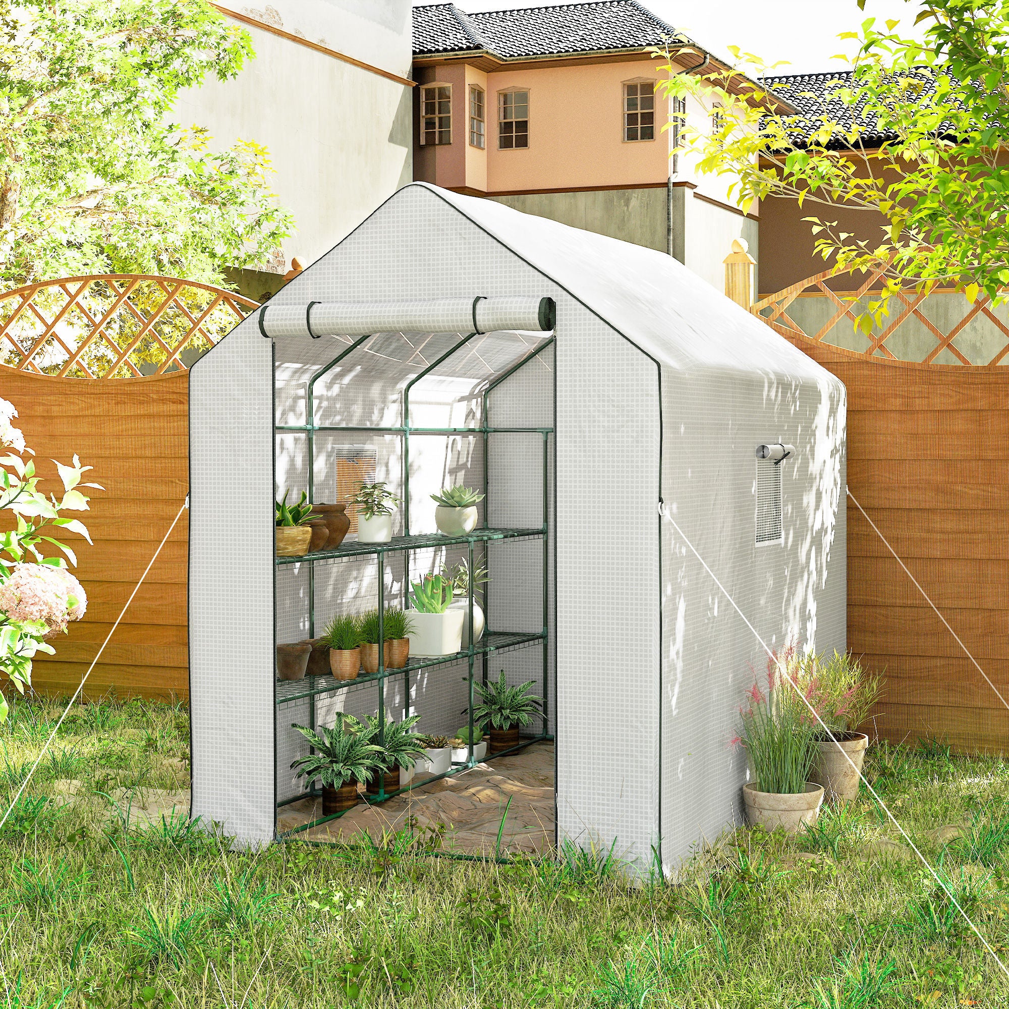 Outsunny Walk-in Greenhouse with 3 Tier Shelves, Outdoor Green House Garden Grow House with Reinforced PE Cover, Roll-up Door and Mesh Windows, 140 x 213 x 190cm, White