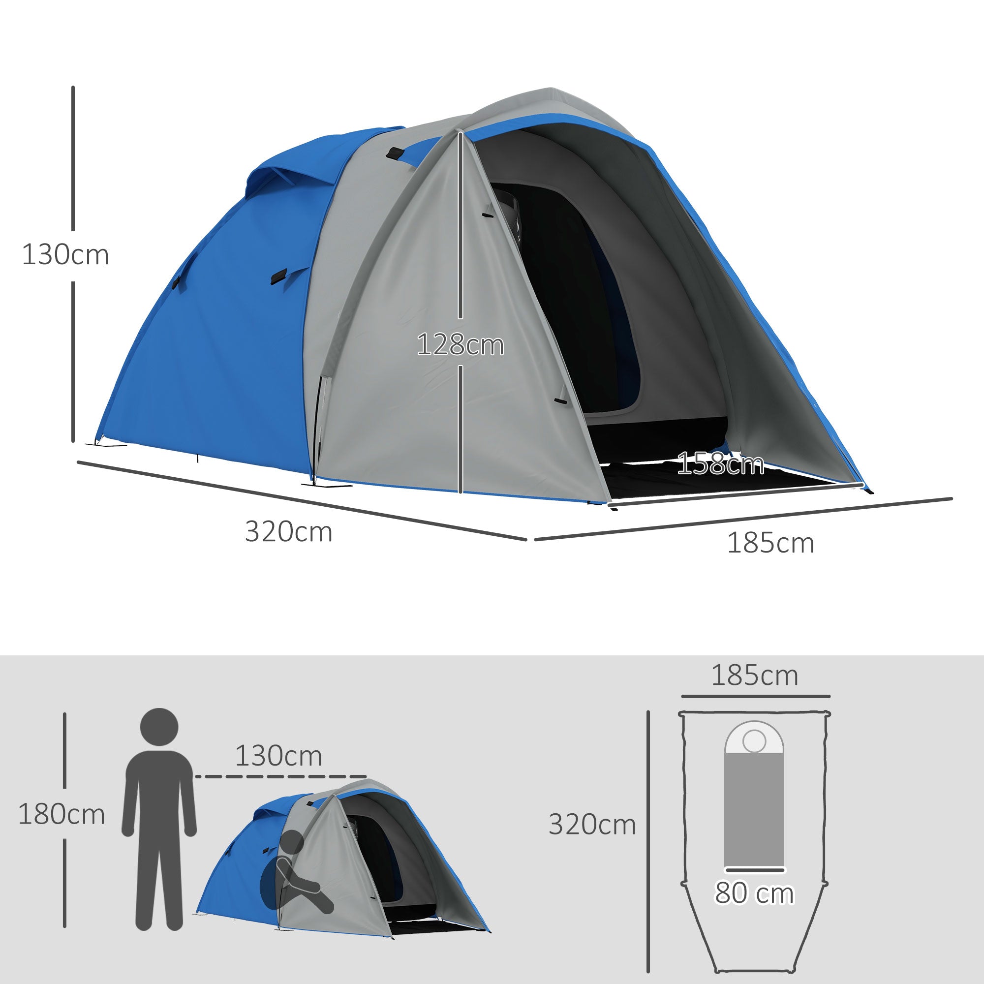 Outsunny Two-Man Dome Tent, with Front Porch and Accessories - Blue/Grey