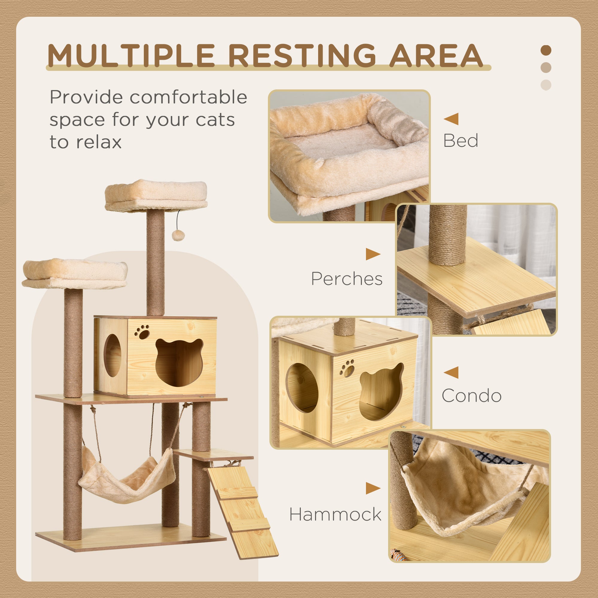 PawHut 130cm Cat Tree for Indoor Cats, Multi-Level Plush Cat Tower, with Five Scratching Posts, Two Perches, Cat House, Hammock - North Peak Garden Furniture