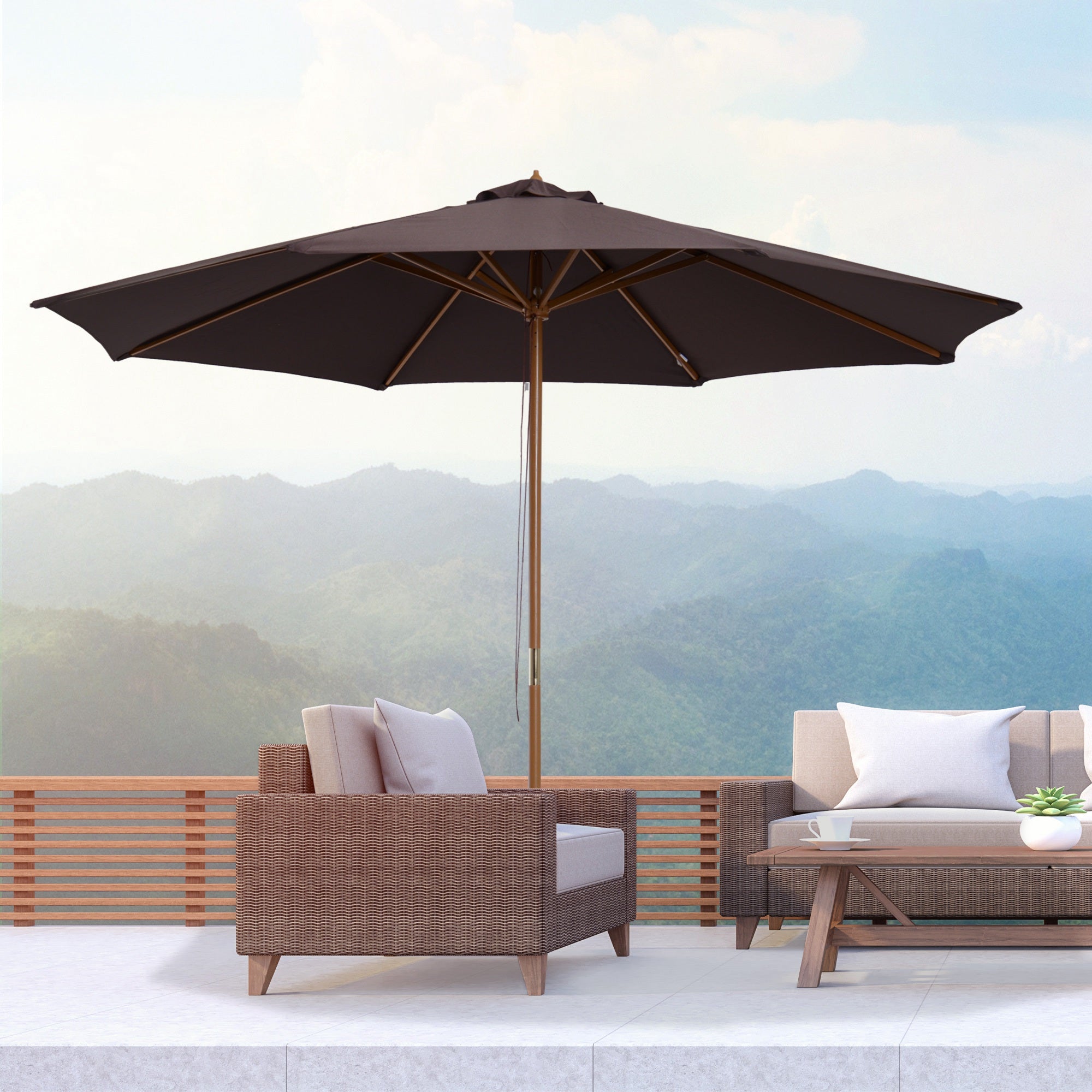 Outsunny 3(m) Garden Parasol, Pulley Operated Patio Umbrella, Wooden Table Market Umbrella with Rope Pulley Mechanism and 8 Ribs, Coffee - North Peak Garden Furniture