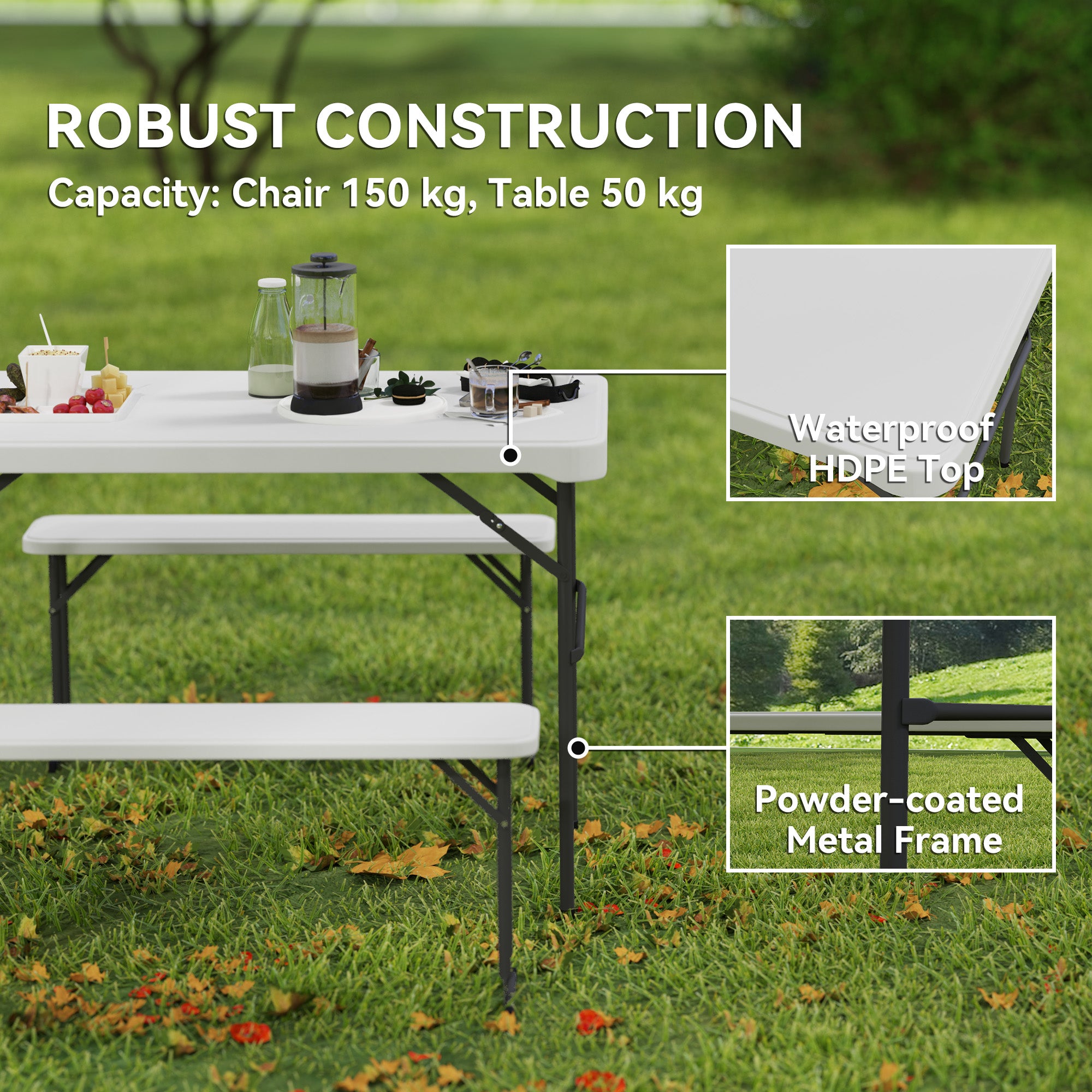 Outsunny 3 Piece 4ft Folding Picnic Table and Bench Set, Portable HDPE Camping Table and Chairs with Carrying Handle for Indoor Outdoor, Dining, Camping, Picnic, BBQ, Party, Light Grey - North Peak Garden Furniture