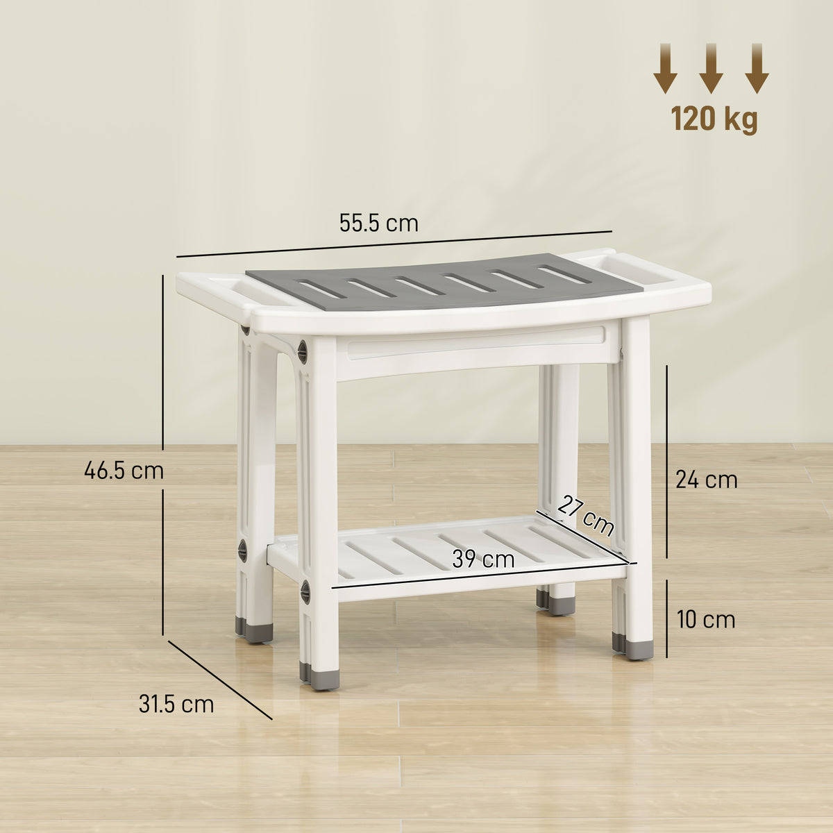 HOMCOM Shower Bench 2-Tier Shower Stool Bathroom with Shelf White and Grey