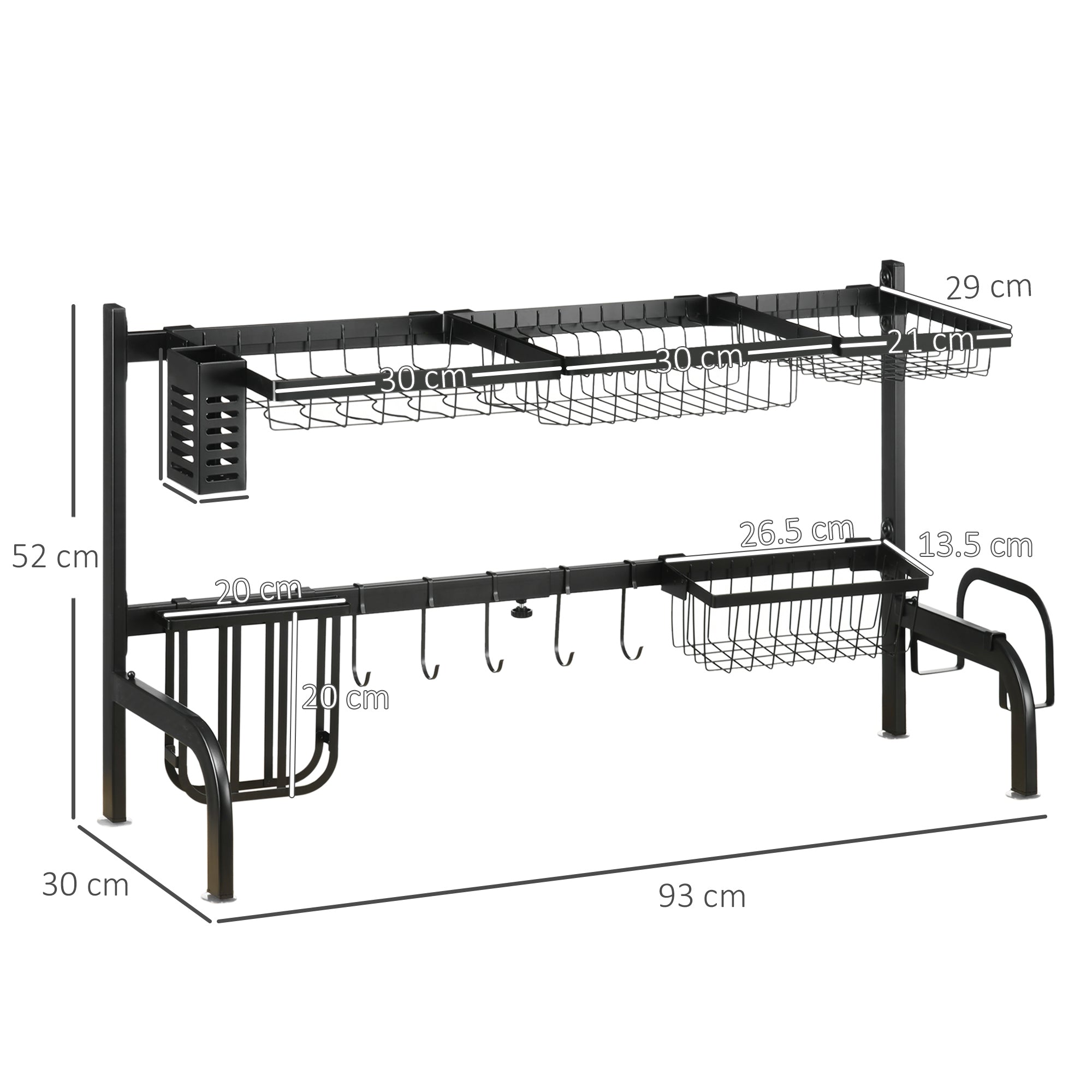 HOMCOM Space Saving 2 Tier Adjustable Dish Drainer Over The Sink Dish Drying Rack, Black - North Peak Garden Furniture