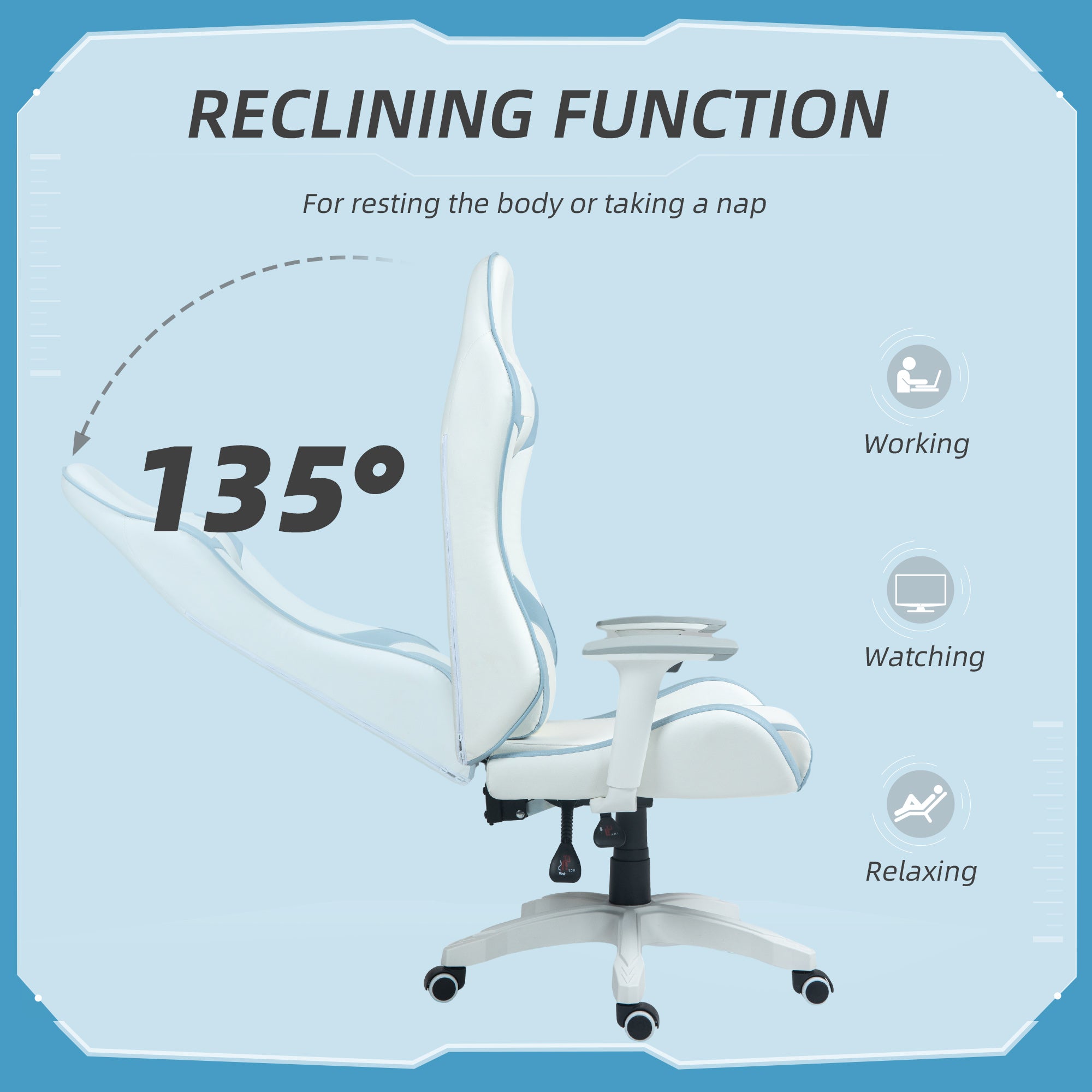 HOMCOM Faux Leather Colour Block Gaming Chair, with 135° Reclining Back - Blue/White - North Peak Garden Furniture