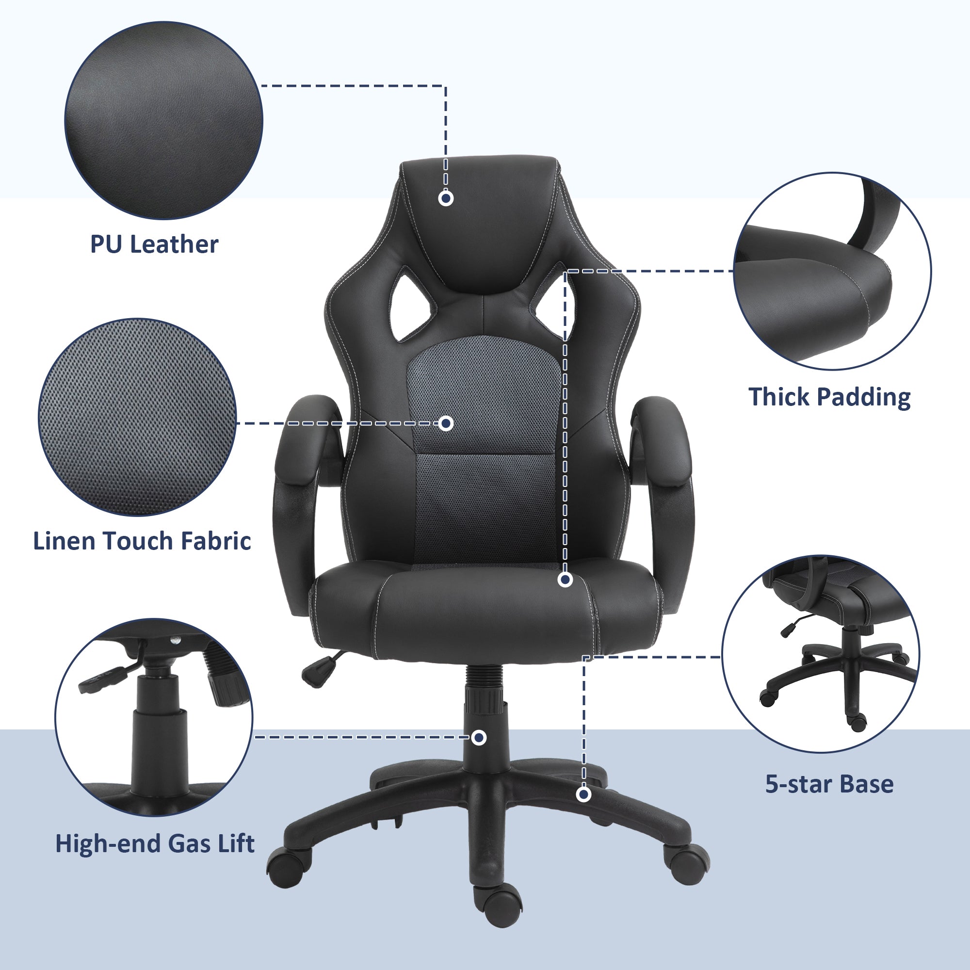 Vinsetto High-Back Office Chair Faux Leather Swivel Computer Desk Chair for Home Office with Wheels Armrests Black - North Peak Garden Furniture
