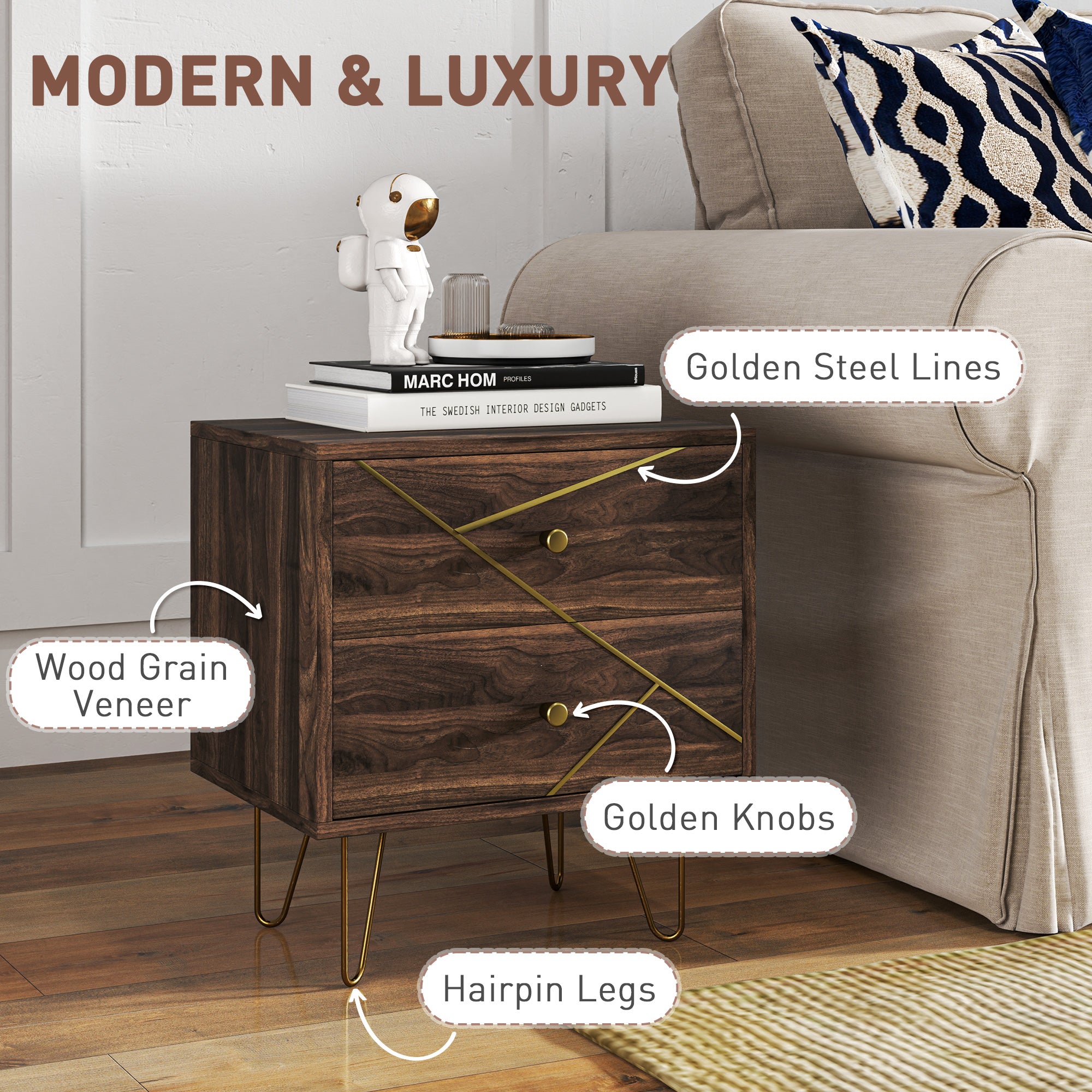 HOMCOM Bedside Tables Set of 2, Modern Side Table Set with 2 Drawers and Steel Hairpin Legs, Nightstand for Bedroom, Brown Wood Grain - North Peak Garden Furniture