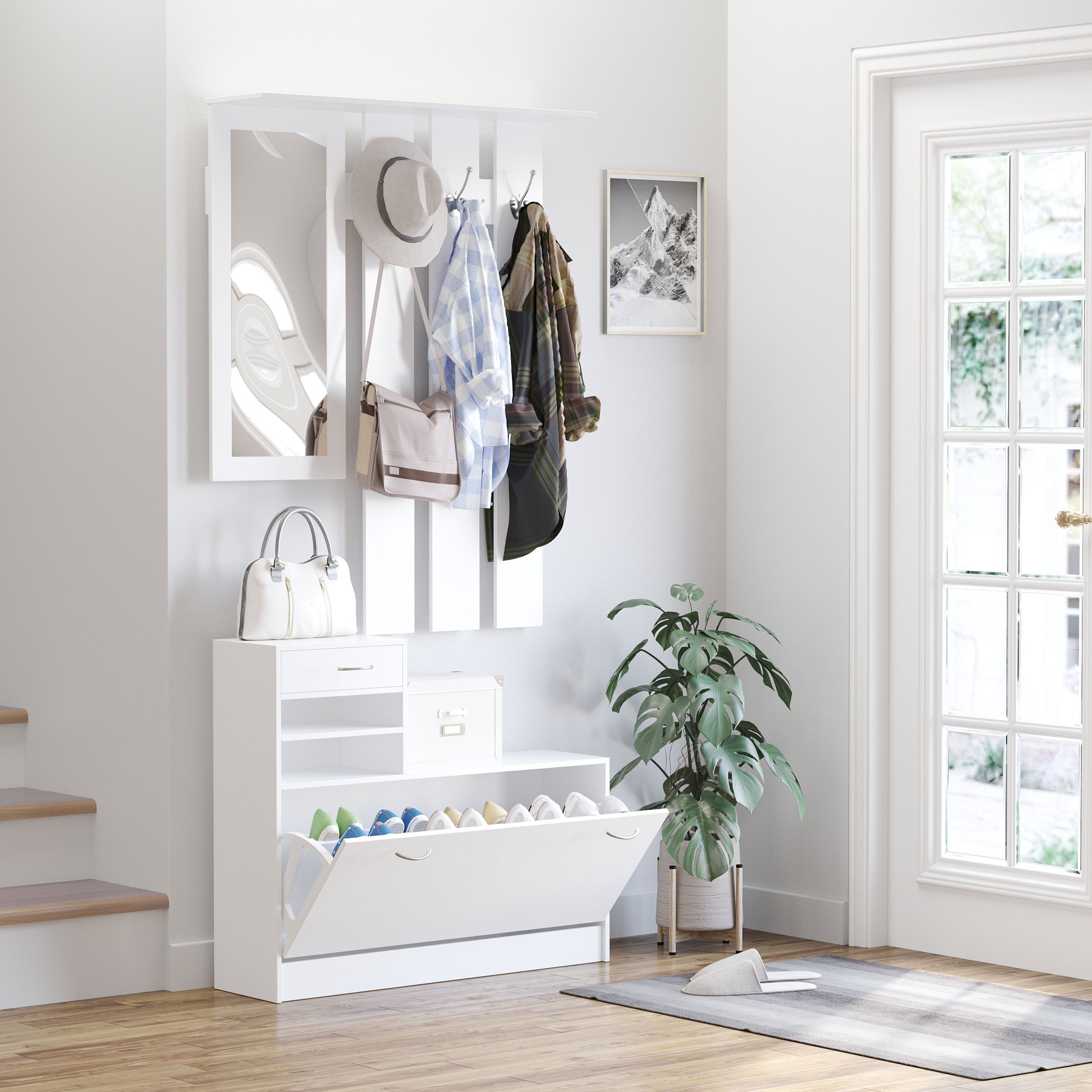 HOMCOM 2PC Shoes Storage Chest Cloths Rack Unit w/Mirror Multiple Shelves Large Storage Capacity Shoes Cabinet 6 Hooks Cloth Rack White - North Peak Garden Furniture