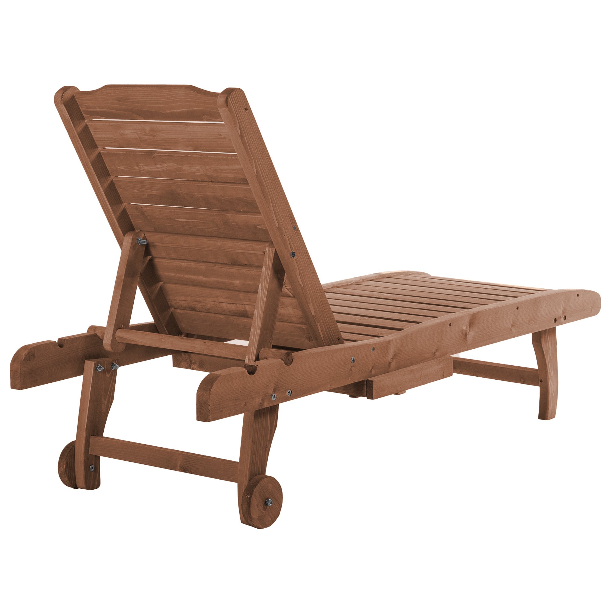 Outsunny Outdoor Wooden Lounger Chair, Sun Bed with Built-In Table, Adjustable Backrest and Wheels, Red Brown - North Peak Garden Furniture