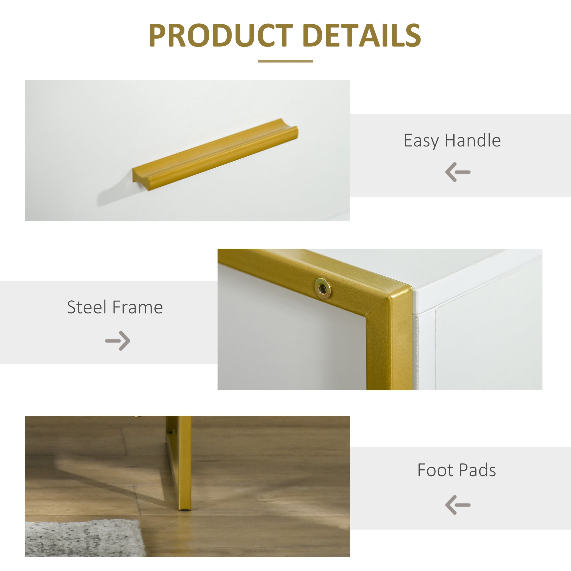 HOMCOM Set of Two Elegant Bedside Tables - White/Gold-Tone - North Peak Garden Furniture