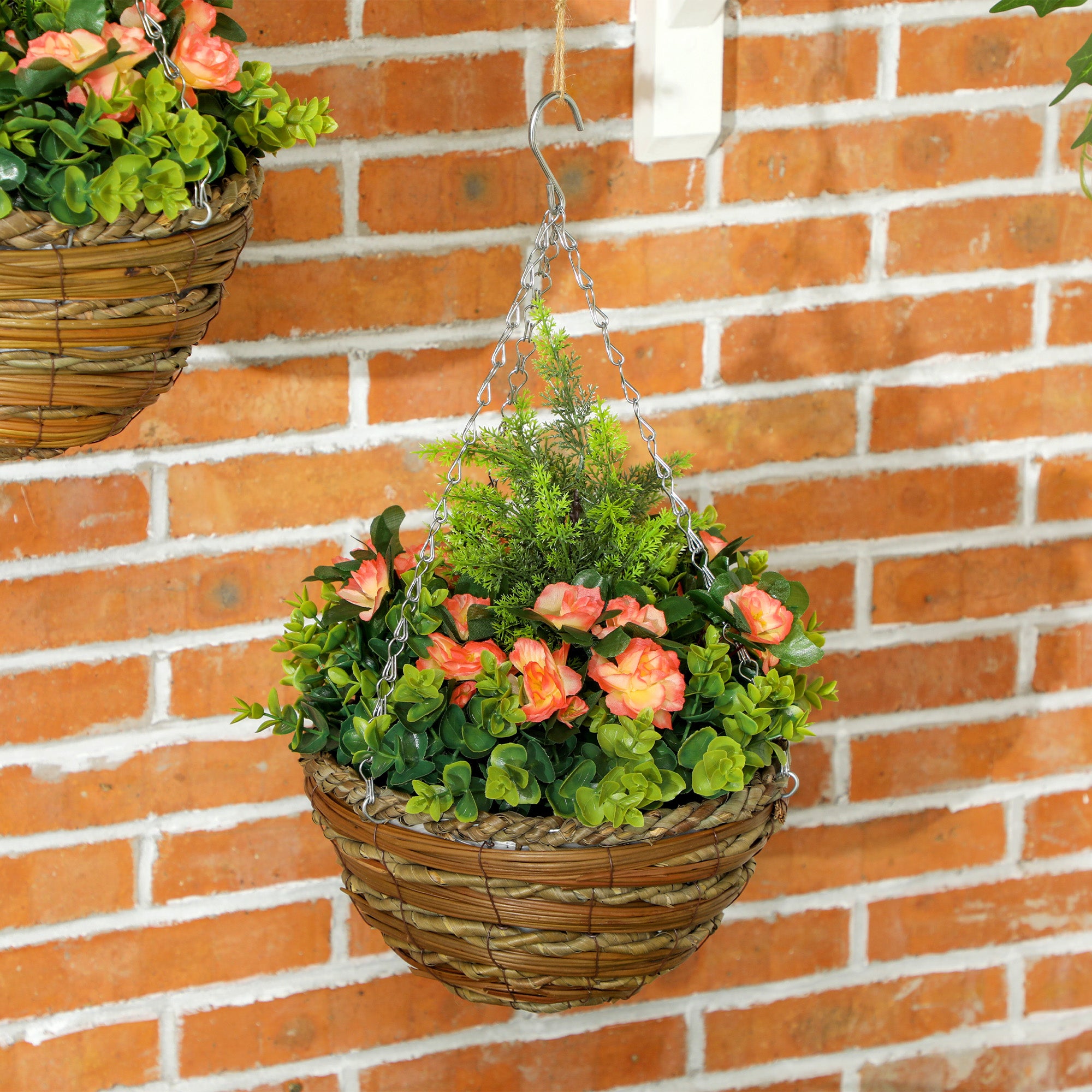 Outsunny Pack of 2 Faux Plant Artificial Lisianthus Flowers Hanging Planter with Basket for Indoor Outdoor Decoration, Orange - North Peak Garden Furniture