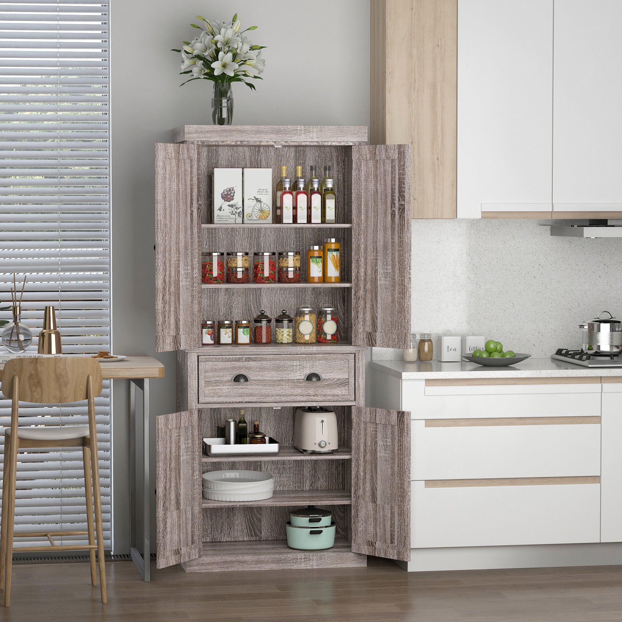 HOMCOM Freestanding Kitchen Cupboard, 184cm Tall Storage Cabinet with Doors and Shelves, Traditional Colonial 4-Door Kitchen Pantry Cupboard with Drawer, Dark Wood Grain - North Peak Garden Furniture