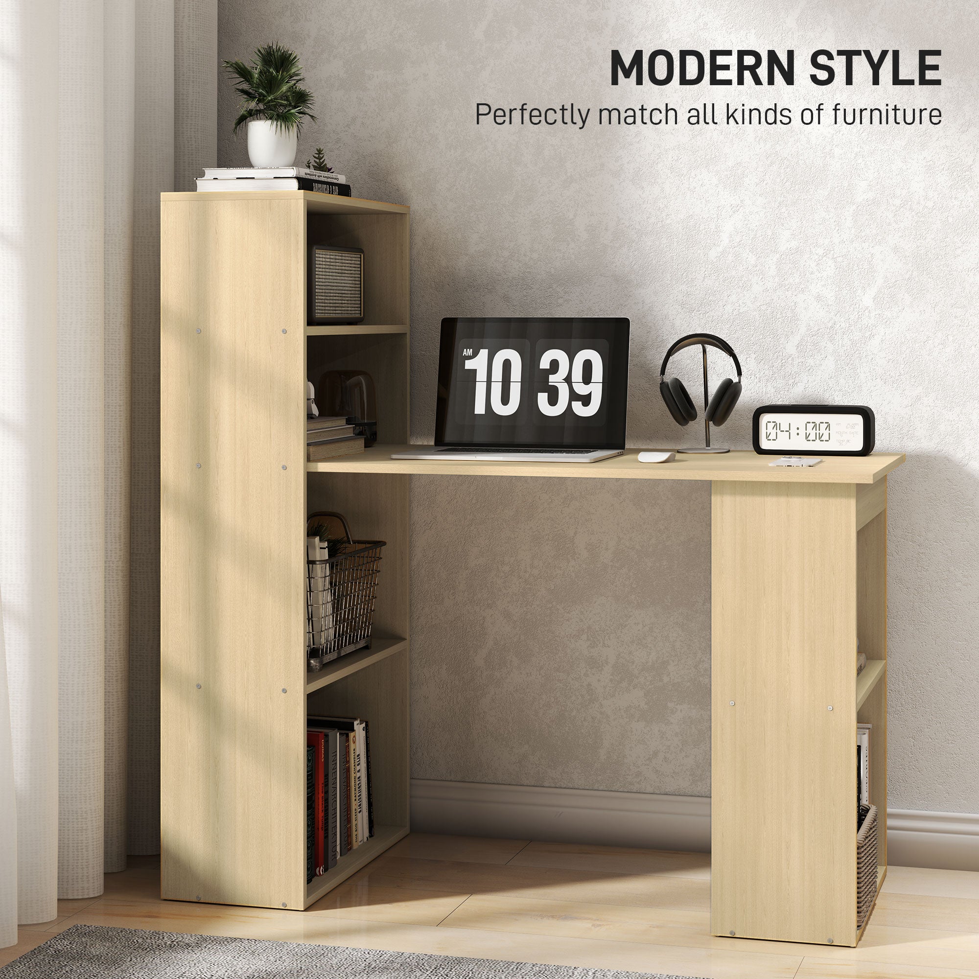 HOMCOM 120cm Modern Computer Desk Bookshelf Study Table Workstation PC Laptop Writing Home Office 6 Shelves, Natural Wood Finish - North Peak Garden Furniture