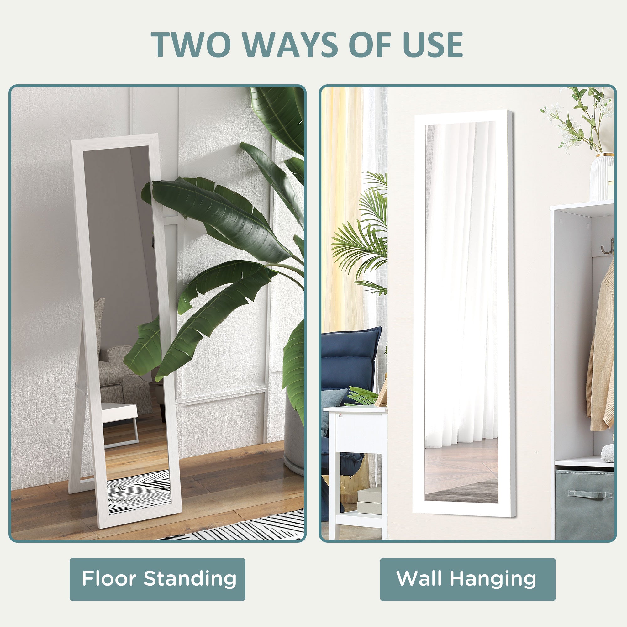 HOMCOM Rustic Full Length Mirror, Hanging and Freestanding Floor Mirror, Farmhouse Decorative Wall Mirror, for Living Room, Bedroom, 157 cm, White - North Peak Garden Furniture