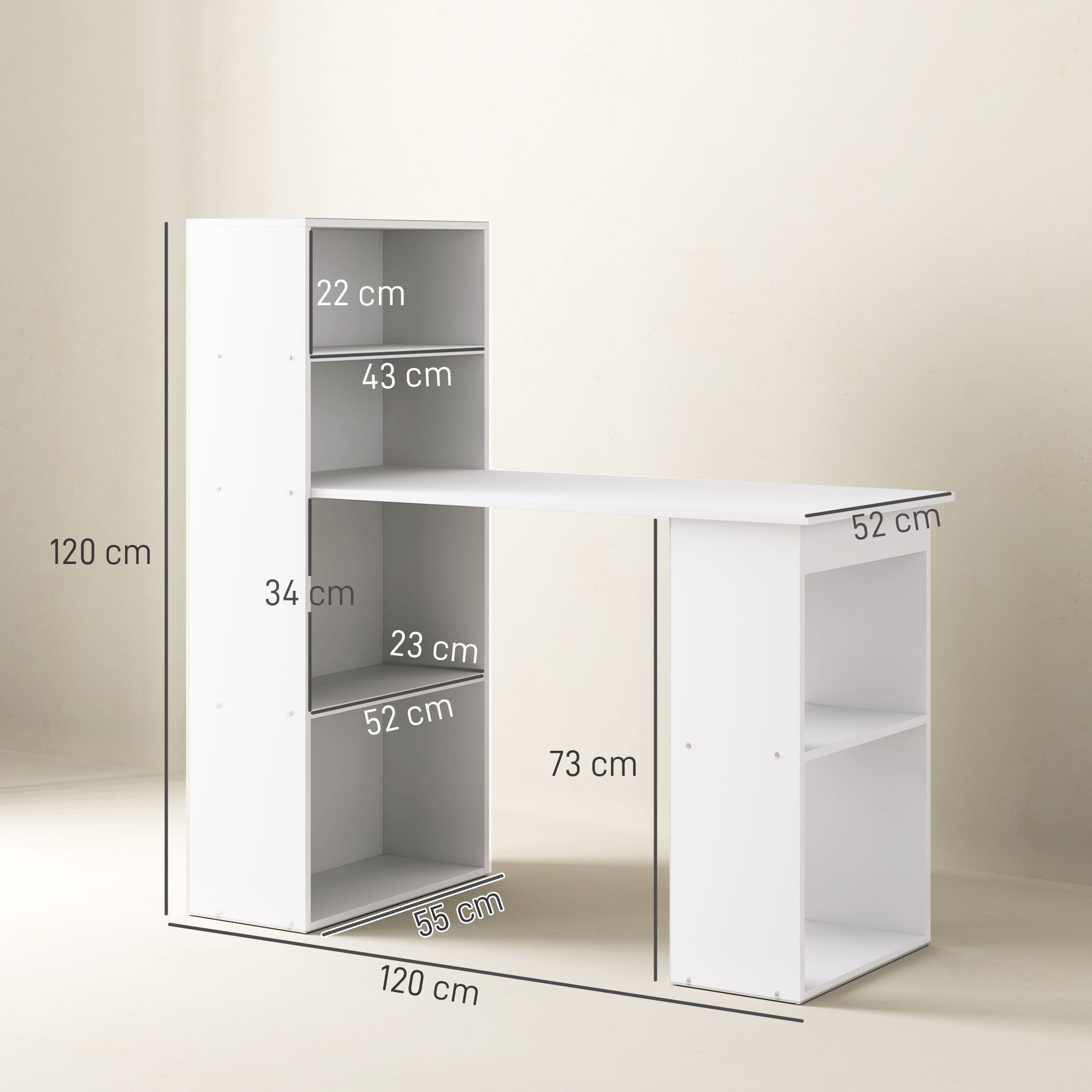 HOMCOM 120cm Modern Computer Desk Bookshelf Study Table Workstation PC Laptop Writing Home Office 6 Shelves White - North Peak Garden Furniture