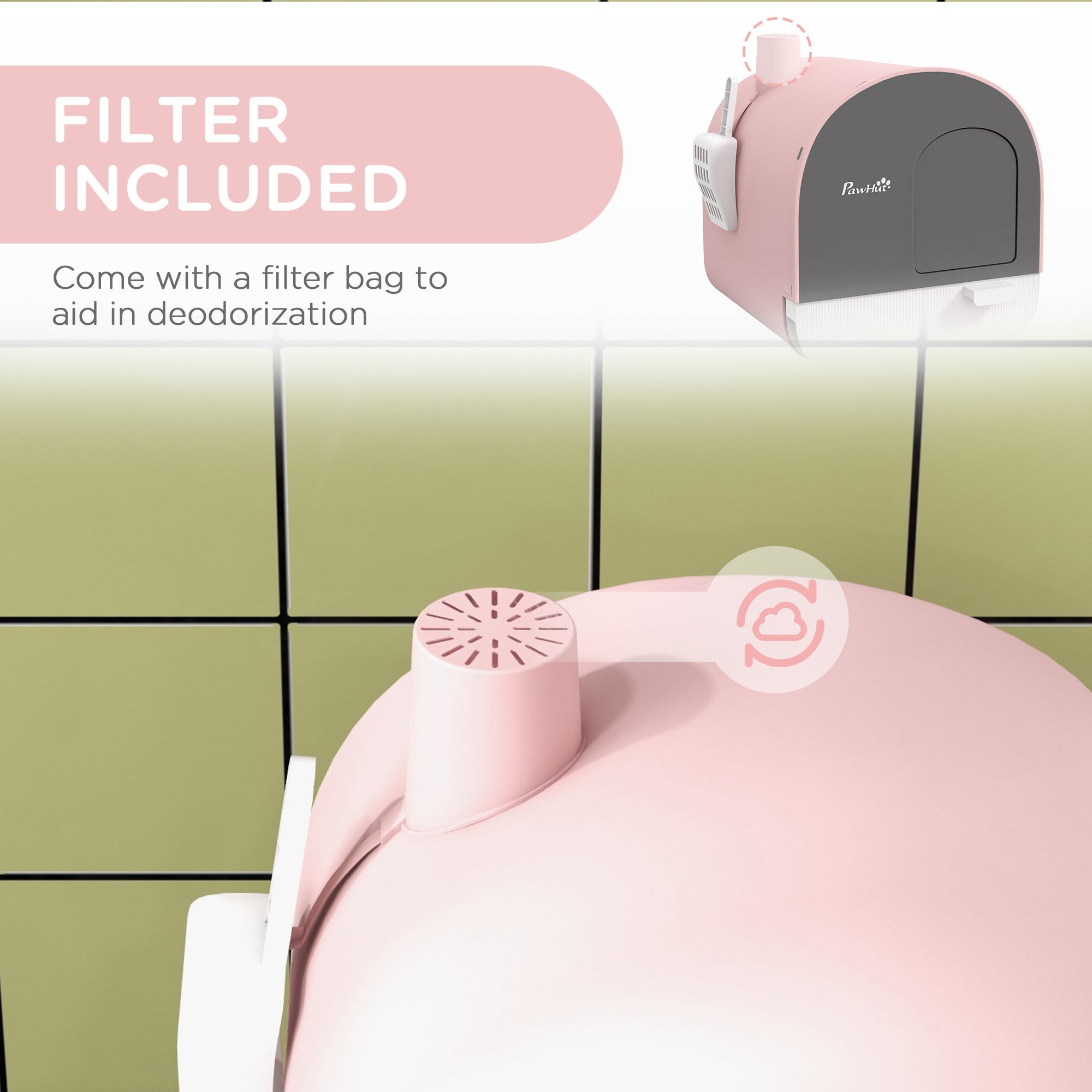PawHut Hooded Cat Litter Box, Kitten Litter Tray, with Lid, Scoop, Filter, Flap Door, Pink - North Peak Garden Furniture
