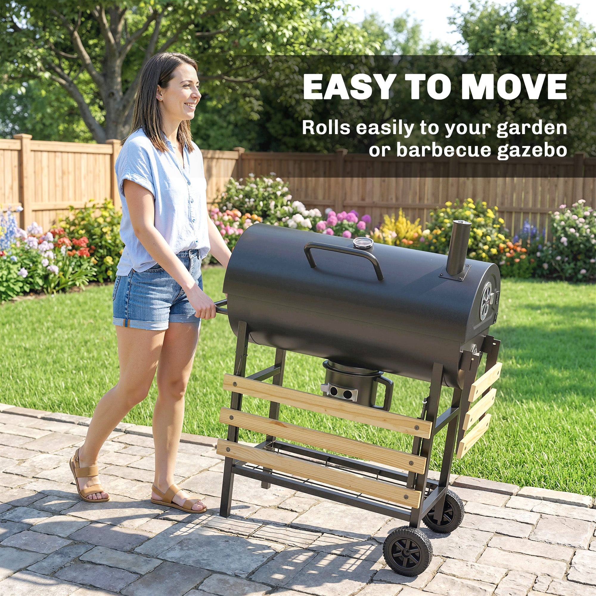Outsunny Charcoal Grill, Barrel BBQ Smoker with Warming Rack, Charcoal BBQ Grill with Foldable Shelves, Natural Wood and Black