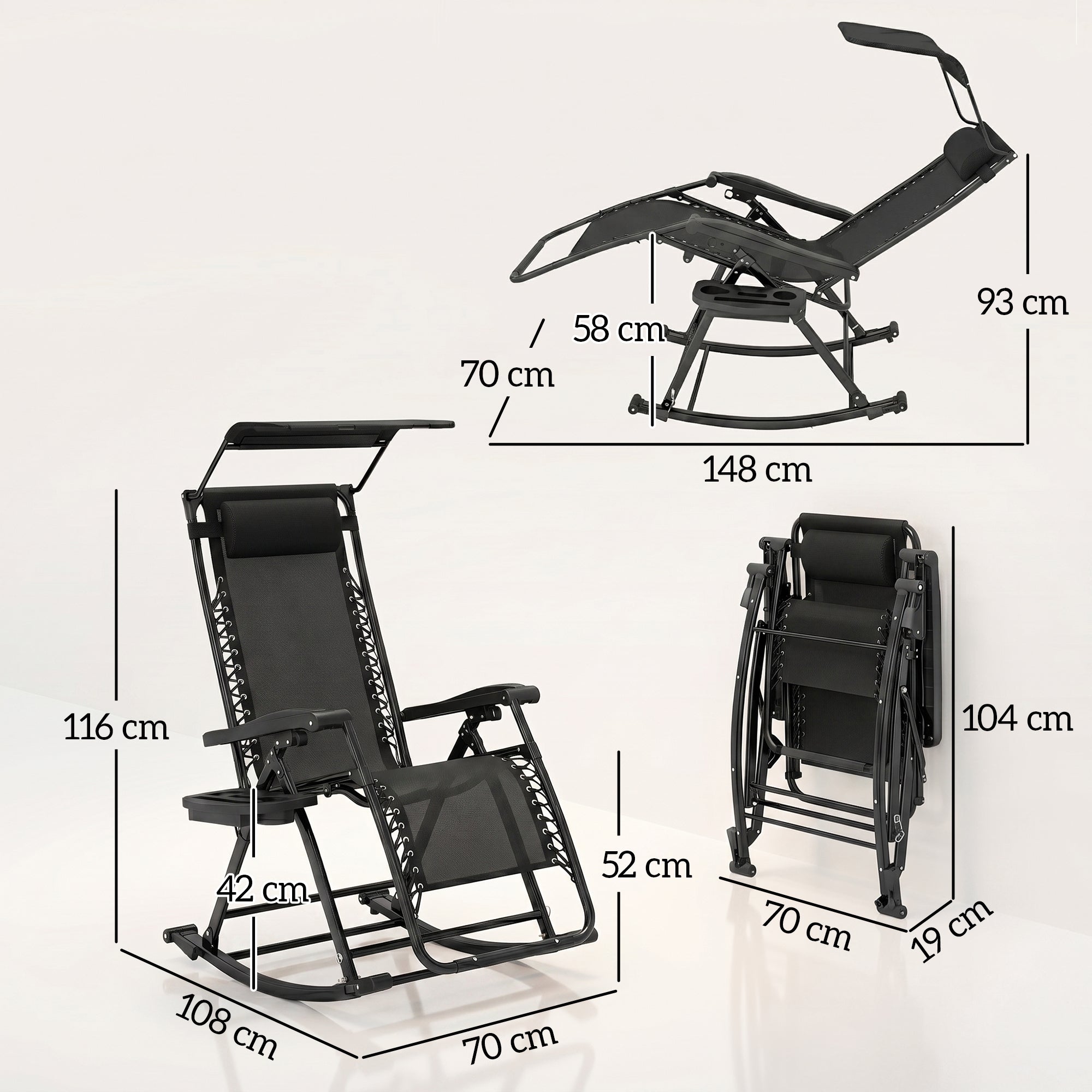 Outsunny Garden Rocking Chair Folding Recliner Outdoor Adjustable Sun Lounger Rocker Zero-Gravity Seat with Headrest Side Holder Patio Deck - Black