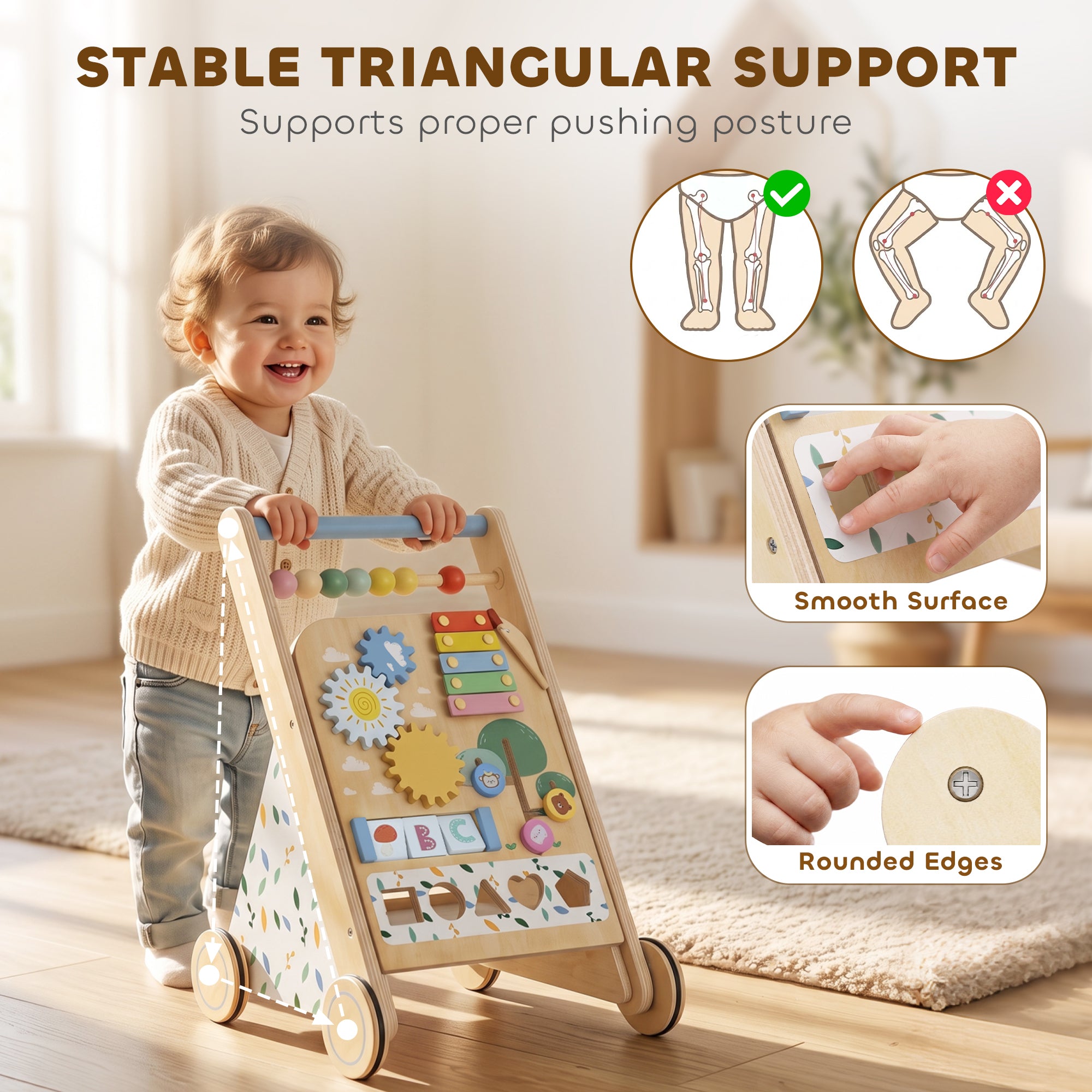AIYAPLAY Wooden Baby Walker, Toddler Push Along Walker with Speed Control, Activity Centre and 5 Blocks for 18 Months+, Natural