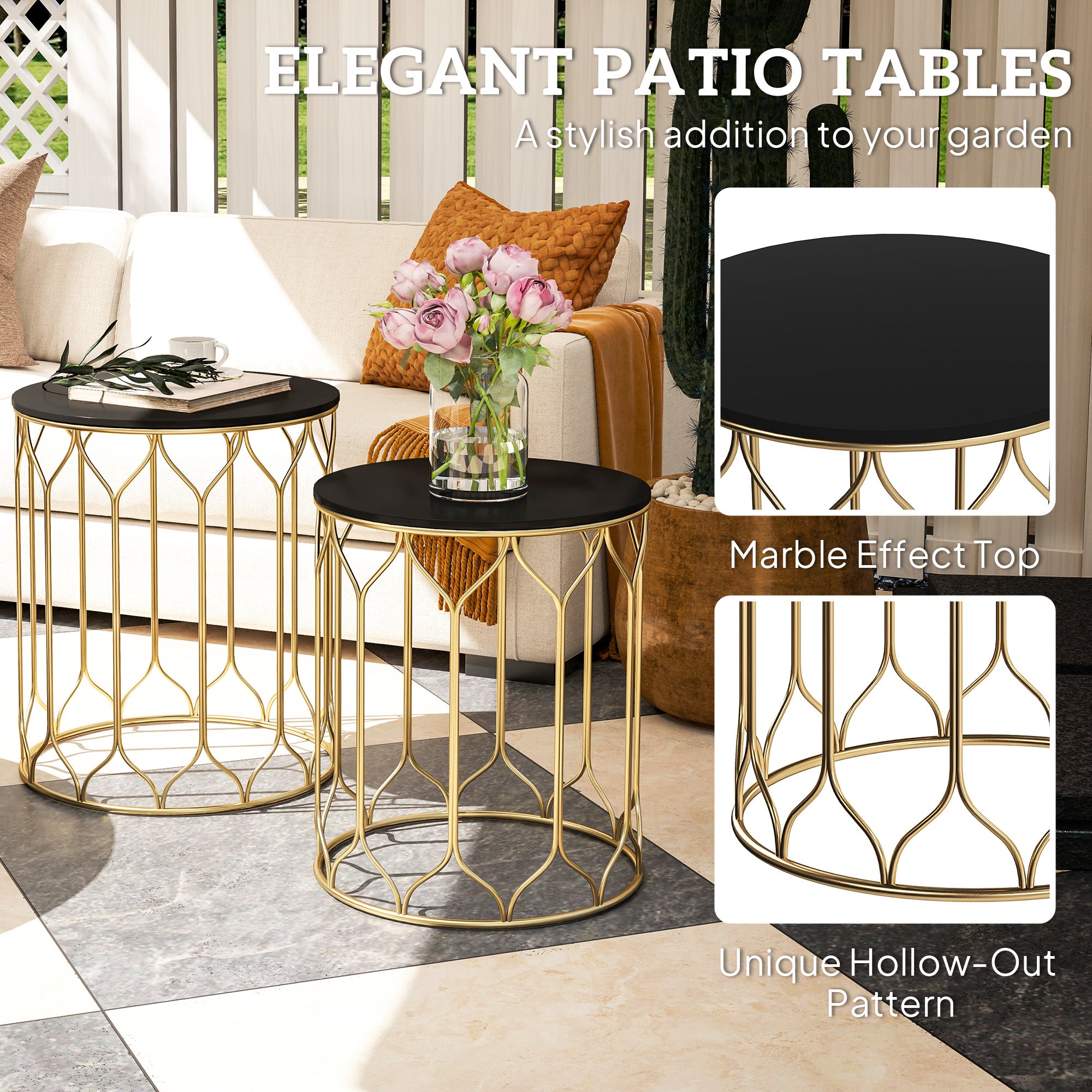 Outsunny Garden Side Table Set of 2, Nesting Tables with Ceramic Tile Top, Indoor Outdoor Small Garden Tables, Multifunctional End Tables with Metal Frame for Patio, Balcony, Porch, Black - North Peak Garden Furniture