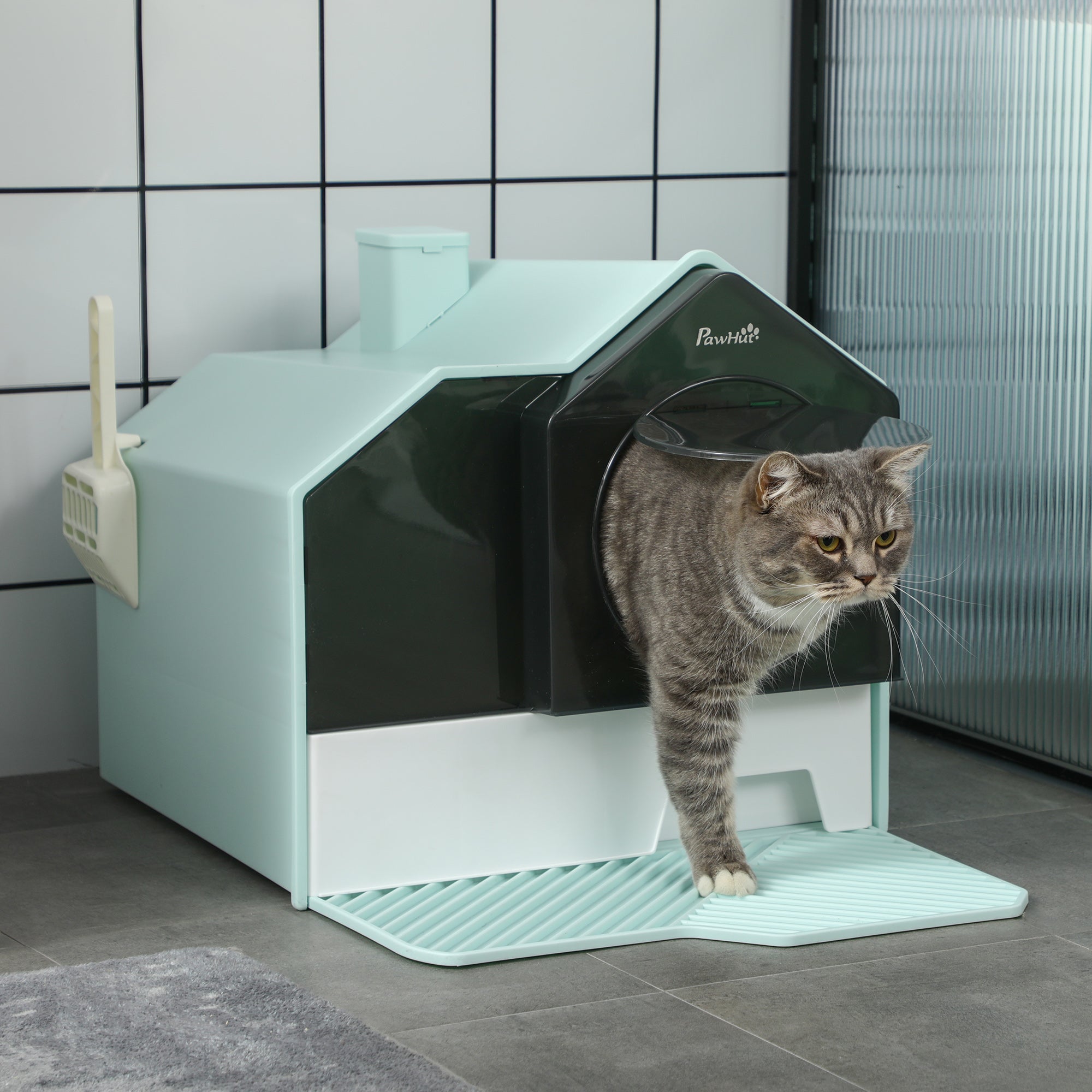 PawHut Hooded Cat Litter Tray w/ Scoop Light Blue - North Peak Garden Furniture