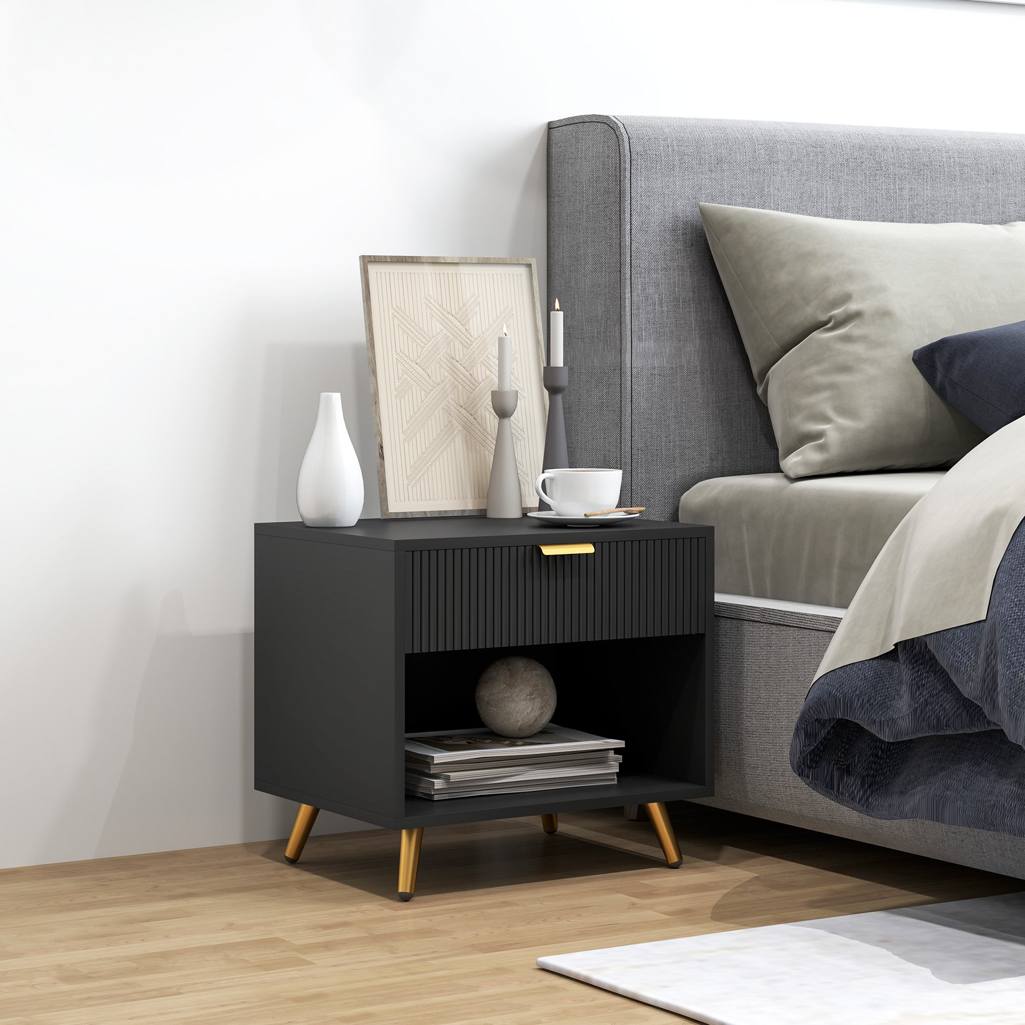 HOMCOM Elegant Bedside Table, with Drawer and Shelf - Black/Gold Tone - North Peak Garden Furniture