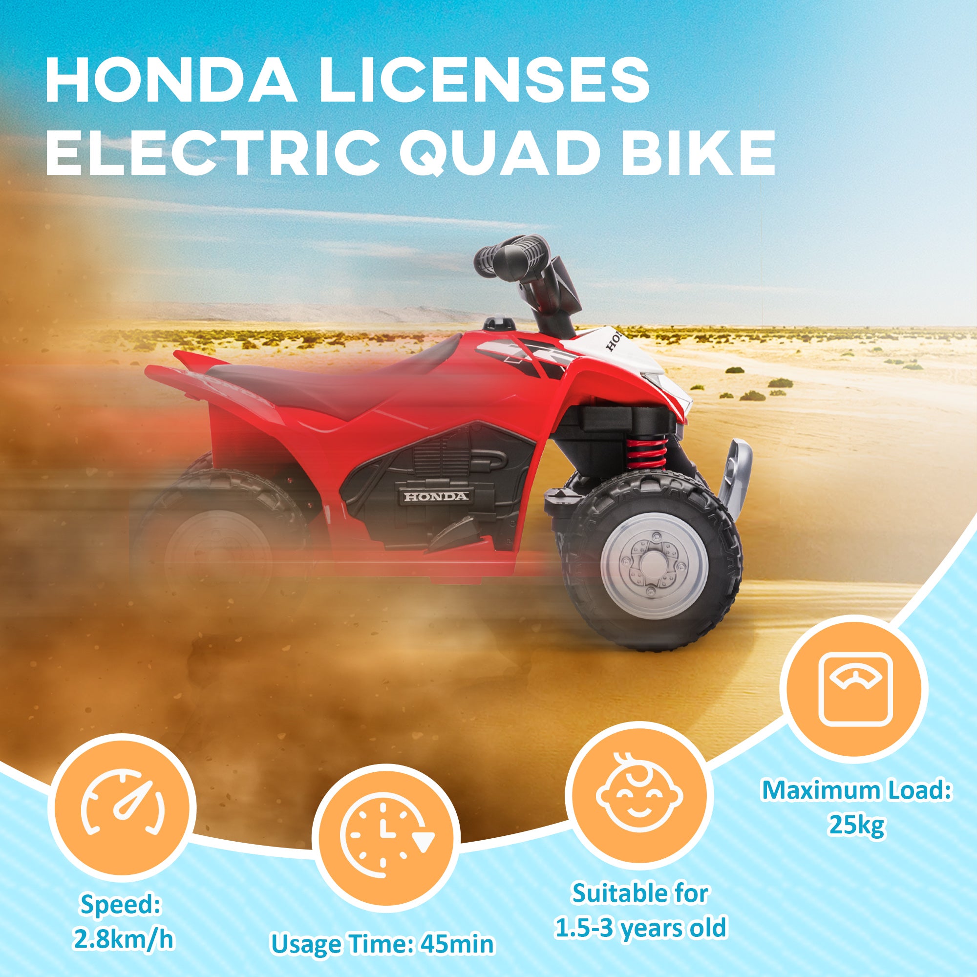AIYAPLAY Honda Licensed Kids Electric Quad Bike, 6V ATV Ride On for Ages 1.5-3 Years, Red - North Peak Garden Furniture