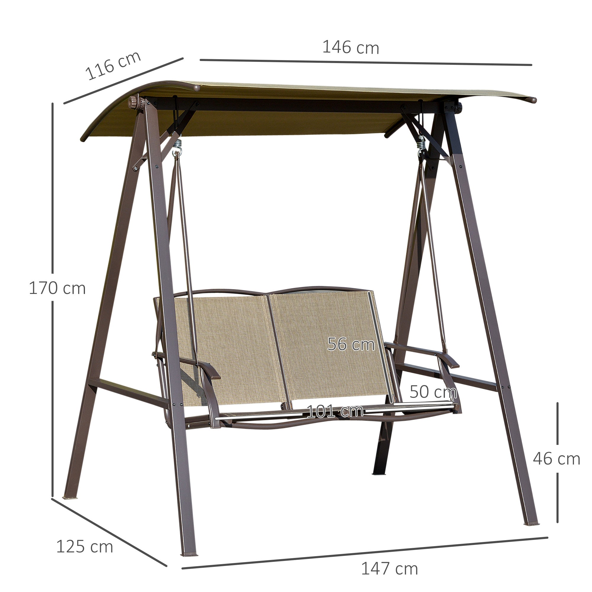 Outsunny 2 Seater Garden Swing Seat Swing Chair, Outdoor Canopy Swing Bench with Adjustable Shade, Metal Frame and Texteline Seat, Brown