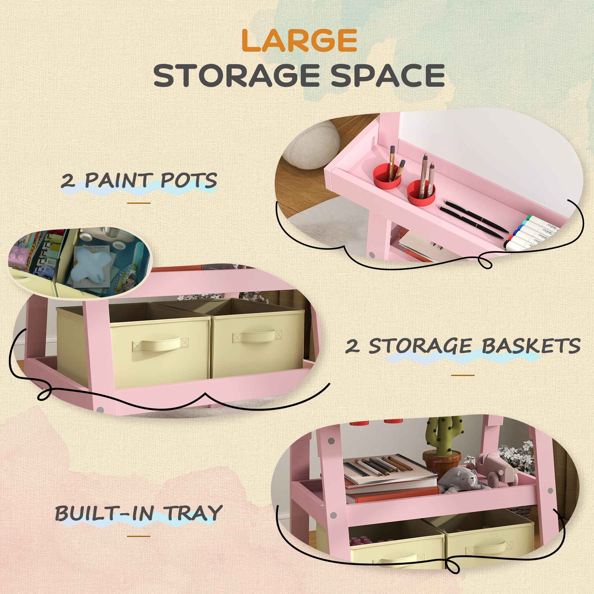 AIYAPLAY 3 in 1 Kids Easel Double-Sided Magnetic Whiteboard and Chalkboard with Paper Roll, Storage Baskets - Pink - North Peak Garden Furniture