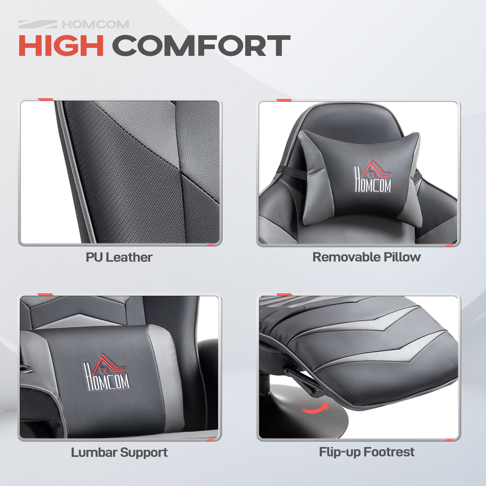 HOMCOM Massage Recliner Chair with Remote, PU Leather Recliner Armchair with Cup Holders and Side Pockets, Racing Style Reclining Chair with Headrest, 360° Swivel, Lumbar Support, Grey - North Peak Garden Furniture