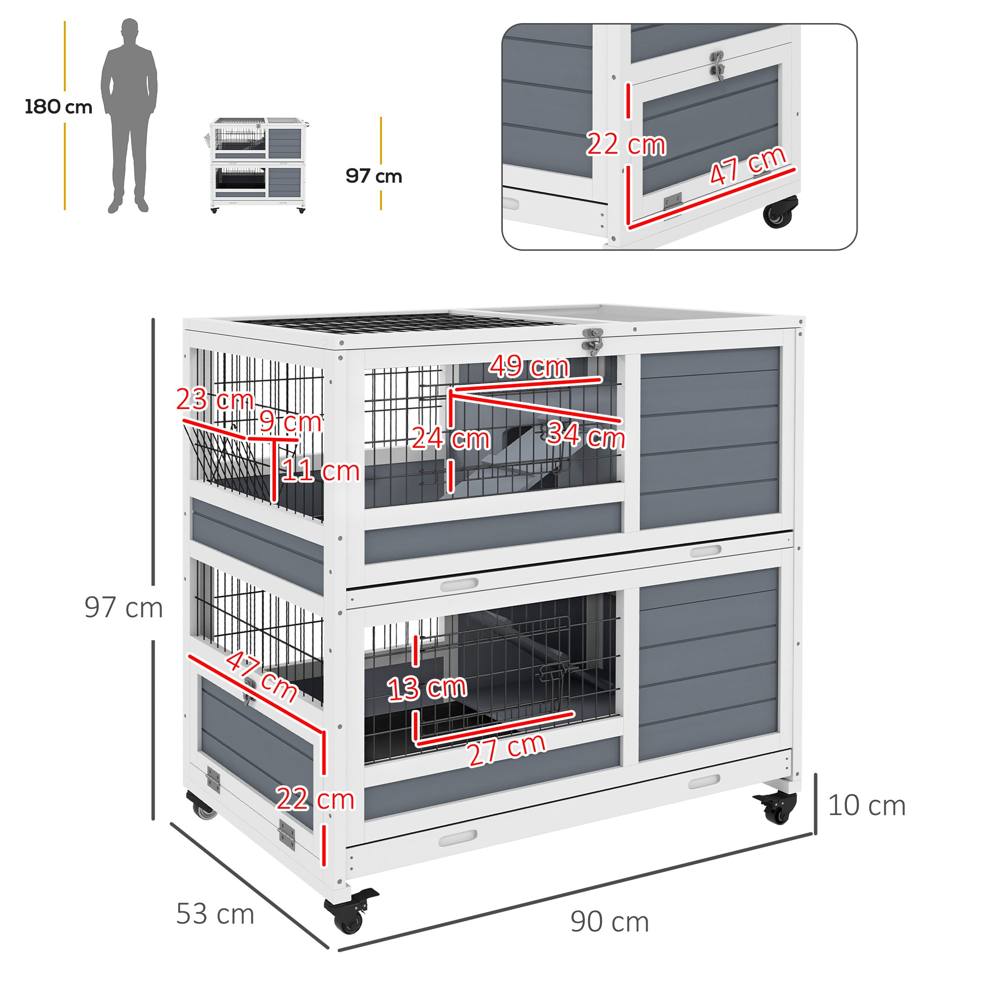 PawHut Double Deckers Guinea Pig Cage, Indoor Rabbit Hutch with Feeding Trough, Trays, Ramps, Openable Top - Grey