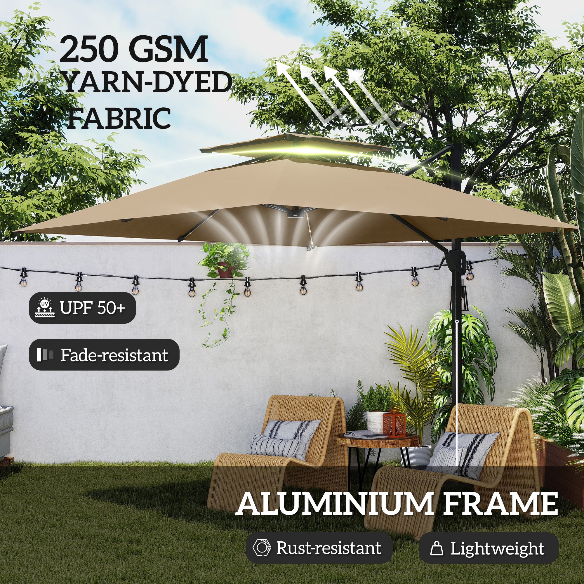 Outsunny 3.5x3 m Garden Cantilever Parasol with Solar LED Lights and Centre Light, Aluminium Large Square Patio Umbrella, UPF50+ Hanging Sun Shade with Cross Base, Crank Handle and Tilt, Khaki - North Peak Garden Furniture