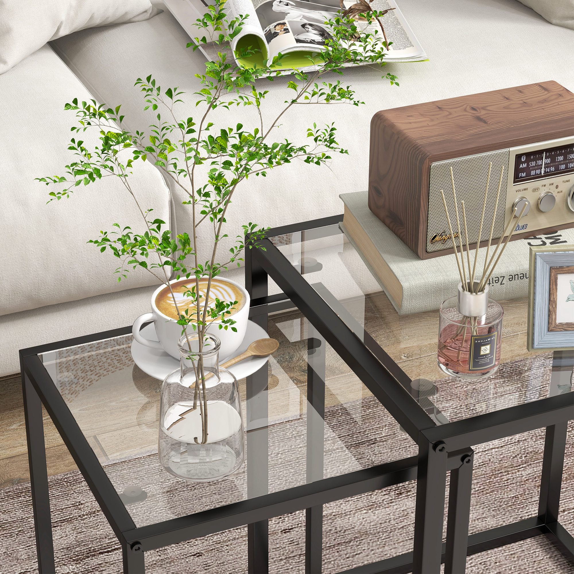 HOMCOM Nesting Tables Set of 2, Side End Table with Tempered Glass Top and Steel Frame for Living Room, Bedroom, Black - North Peak Garden Furniture