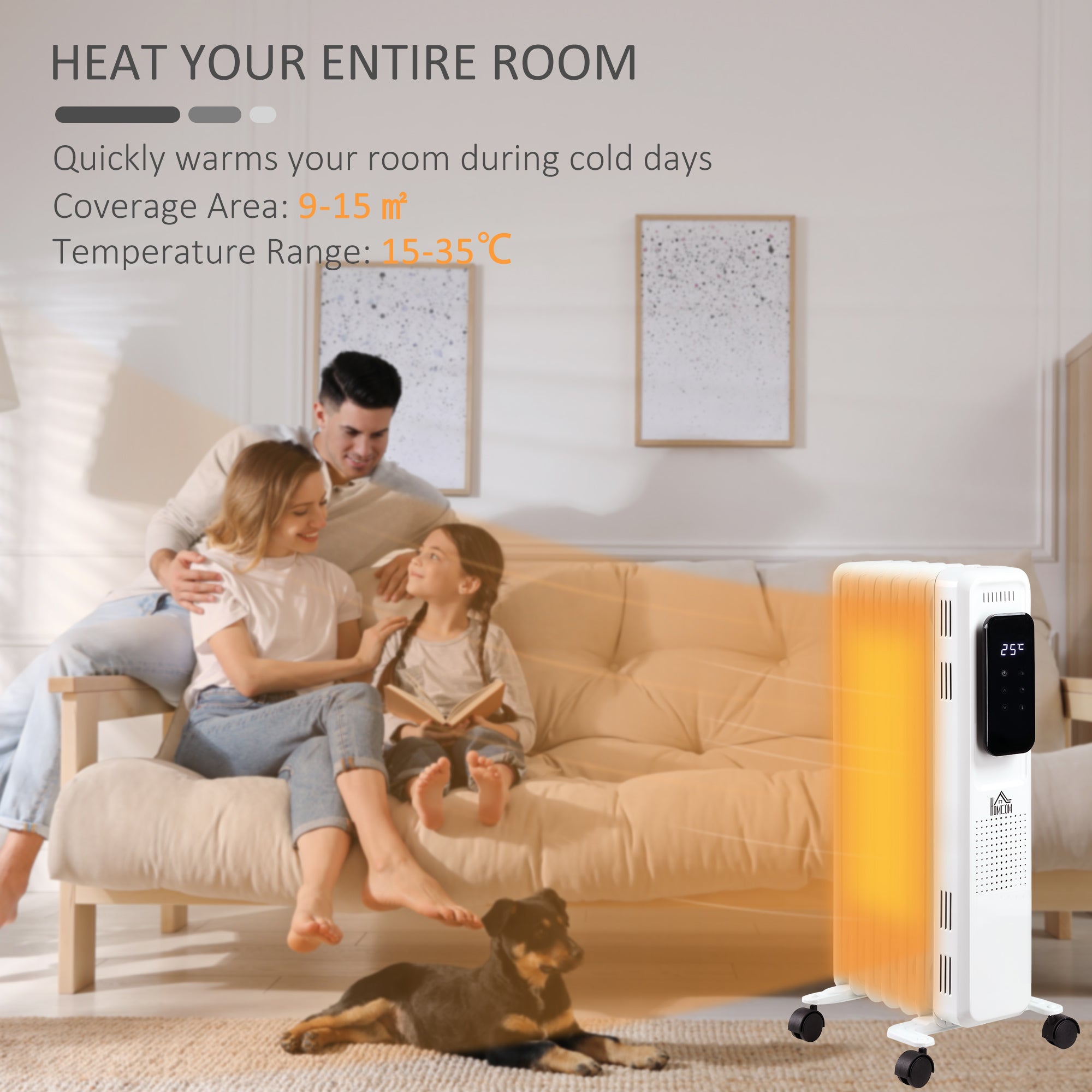 HOMCOM 1500W Oil Filled Radiator, 7 Fin Portable Electric Heater with LED Display, 24H Timer, 3 Heat Settings, Adjustable Thermostat, Safety Cut off, Remote Control, White - North Peak Garden Furniture