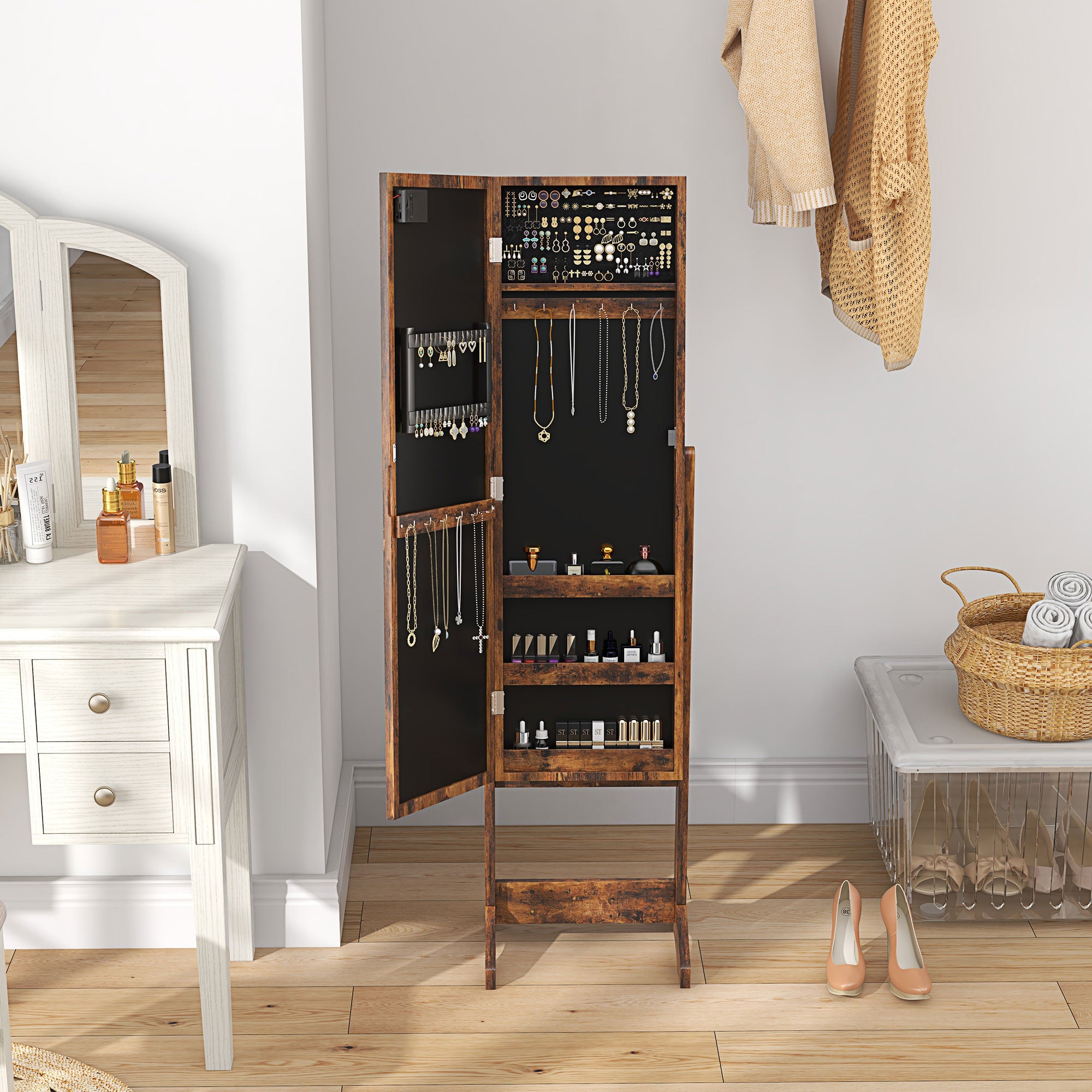 HOMCOM Free Standing Mirror Jewelry Cabinet with LED Lights, Jewellery Organiser with 3 Angle Adjustable, Full-Length Mirror with Storage for Earrings, Necklaces, Rings and Lipsticks, Rustic Brown