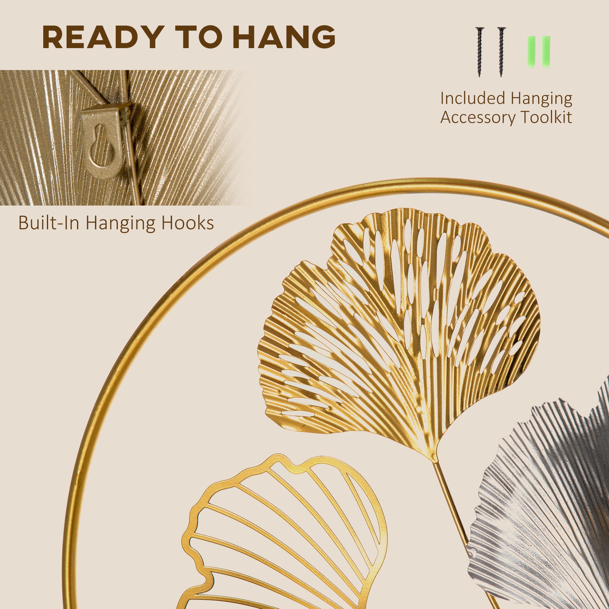 HOMCOM 3D Metal Wall Art Modern Ginkgo Leaves Hanging Wall Sculptures Home Decor for Living Room Bedroom Dining Room, Gold - North Peak Garden Furniture