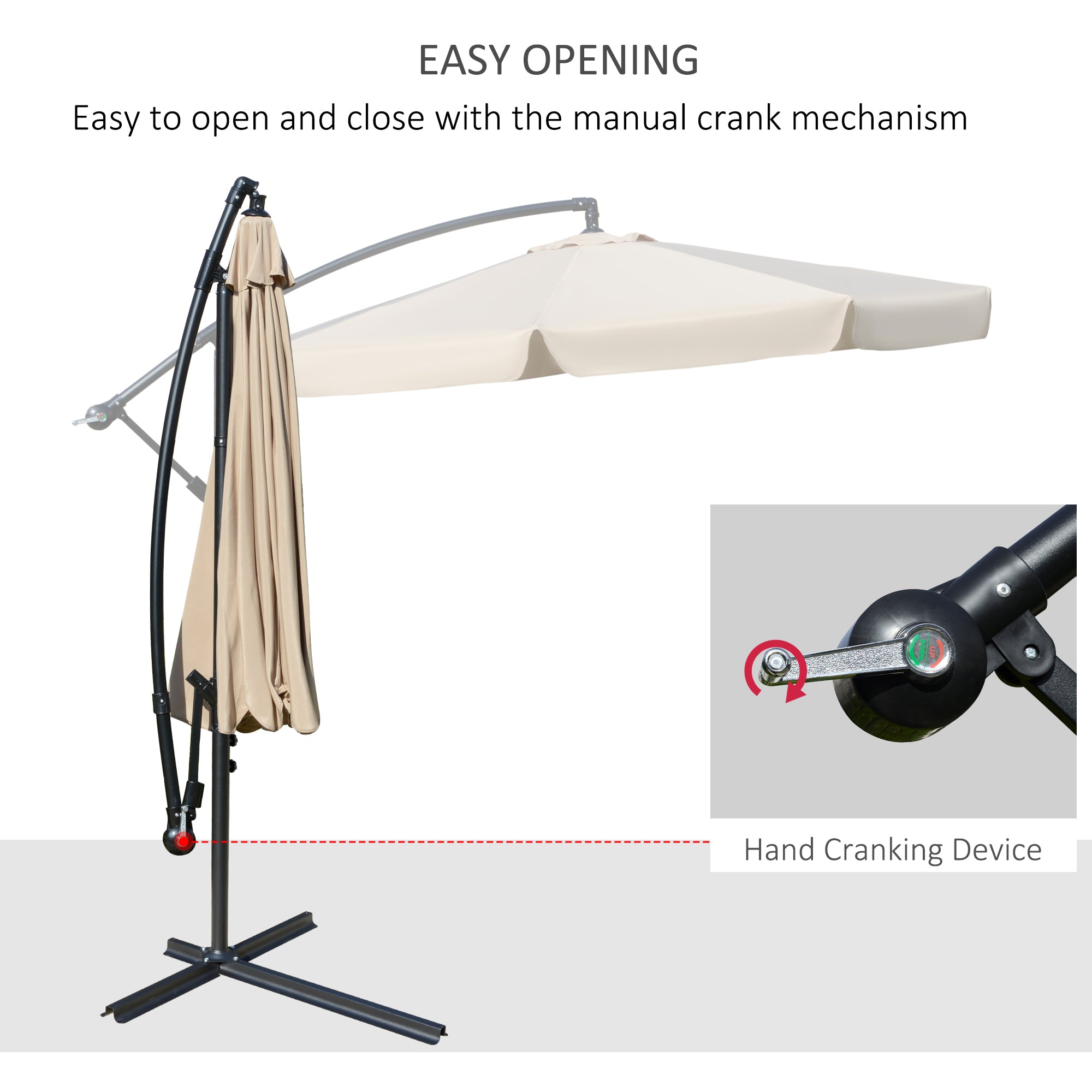 Outsunny 2.7m Cantilever Parasol Banana Sun Umbrella with Crank Handle and Cross Base for Outdoor Hanging Sun Shade Light Brown - North Peak Garden Furniture