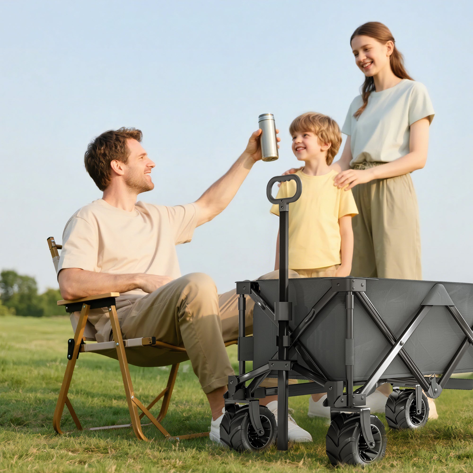 Outsunny Outdoor Pull Along Cart Folding Cargo Wagon Trailer Trolley for Beach Garden with Handle, Anti-Slip Wheel - Dark Grey